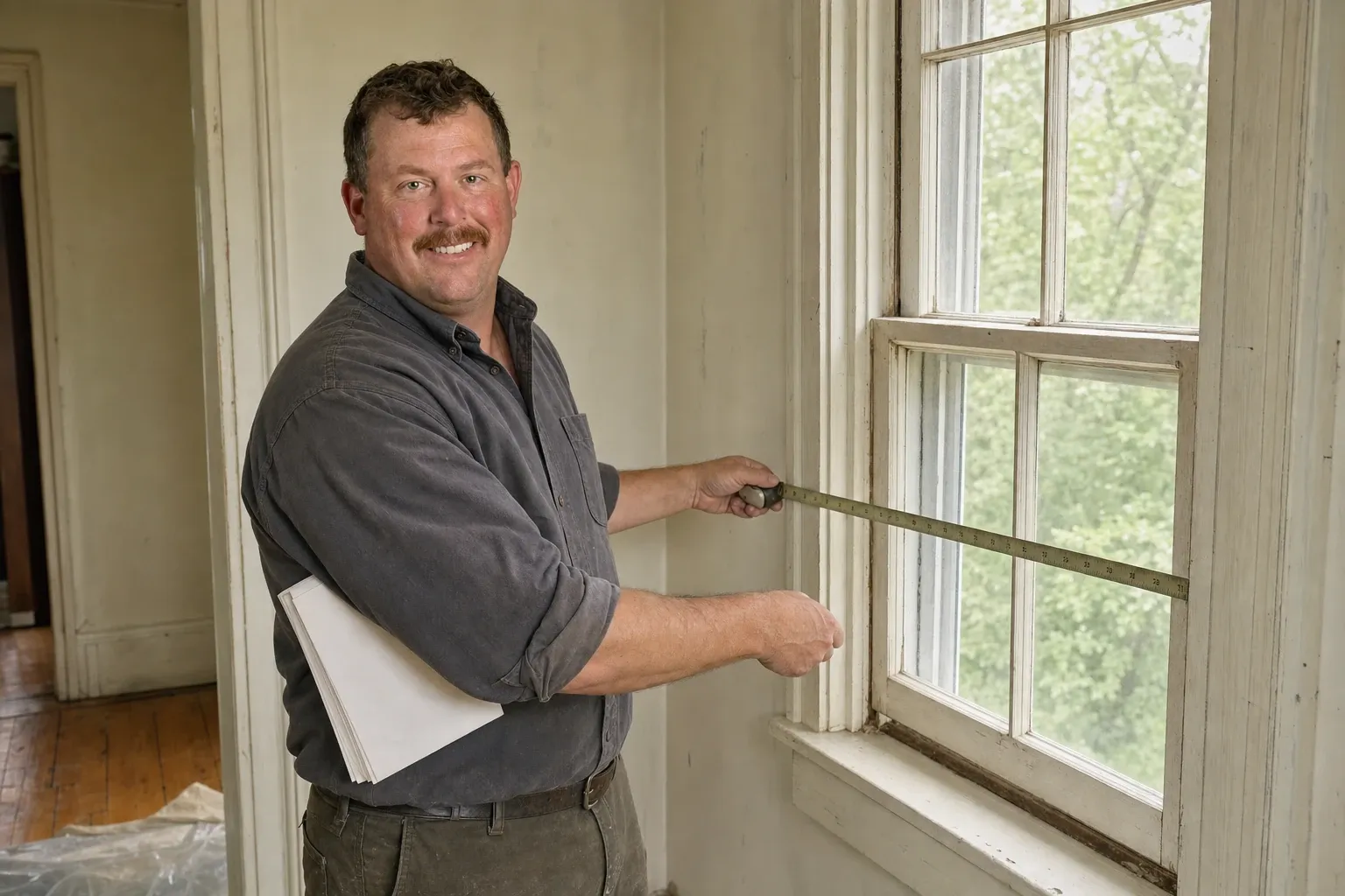 Dave Brackett, owner of Rockland Window Replacement: smiling while stretching a tape measure across an old white double-hung window, in a gray work shirt, with papers under one arm