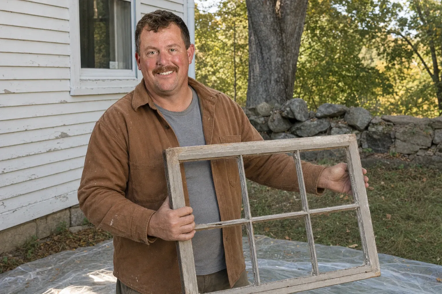 Dave Brackett, owner of Rockland Window Replacement: holding an old six-pane wood window sash on plastic sheeting in the yard, in a brown work jacket