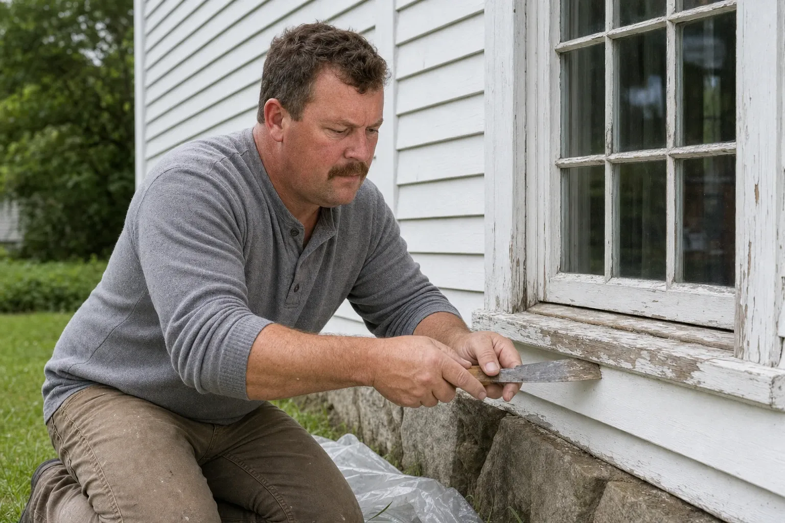 Dave Brackett, owner of Rockland Window Replacement: kneeling on the lawn and pressing a putty knife along a peeling window sill on a white clapboard house, in a gray henley