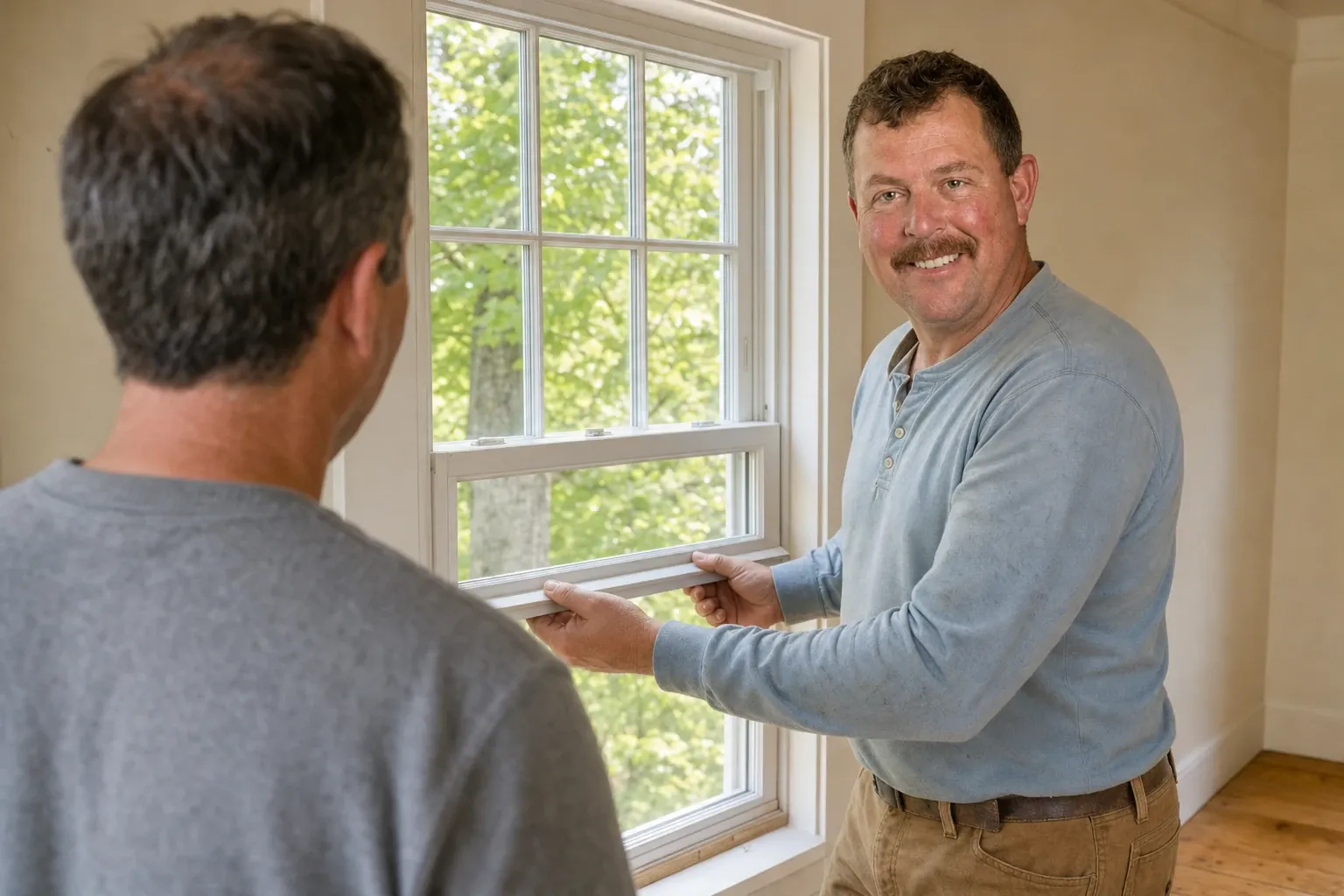 Dave Brackett, owner of Rockland Window Replacement: raising the lower sash of a new double-hung window beside a homeowner seen from behind, in a light blue Henley