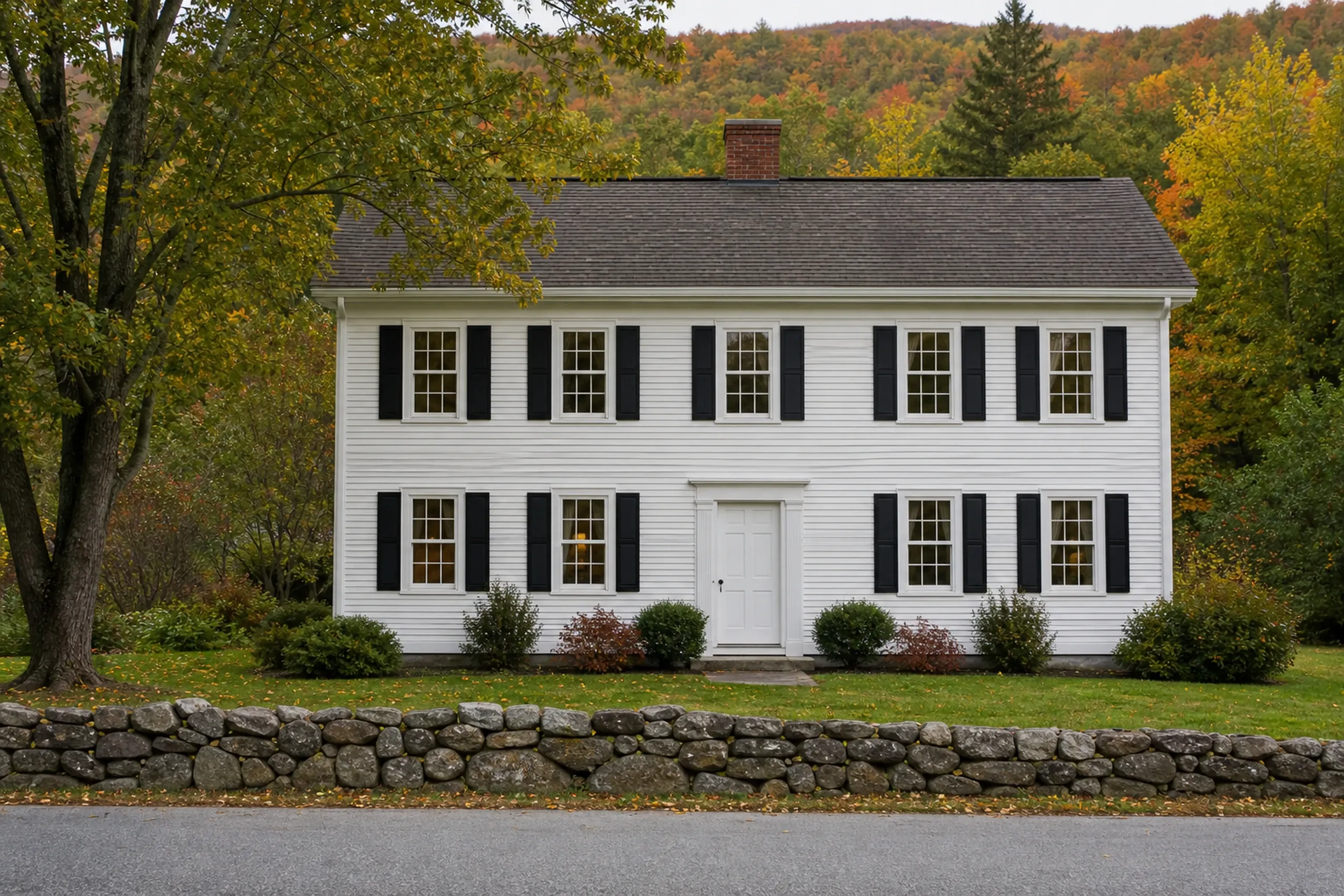 Windows replaced across the Midcoast: white two-story clapboard house with black shutters, a white front door and a brick chimney, behind a stone wall and autumn-colored hills