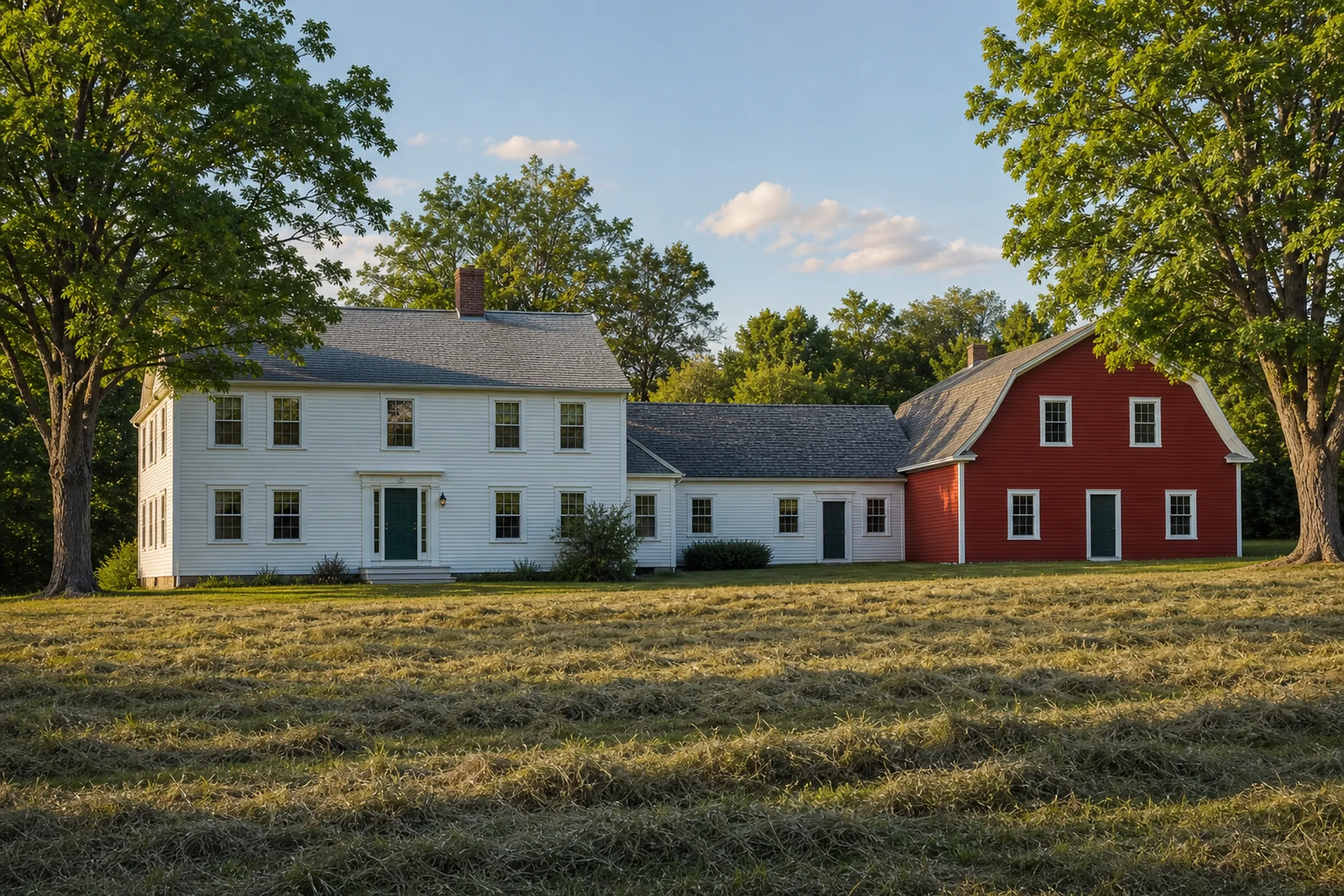 Windows replaced across the Midcoast: white clapboard farmhouse with a teal front door joined to a red gambrel-roof barn, across a mown hay field under tall green trees