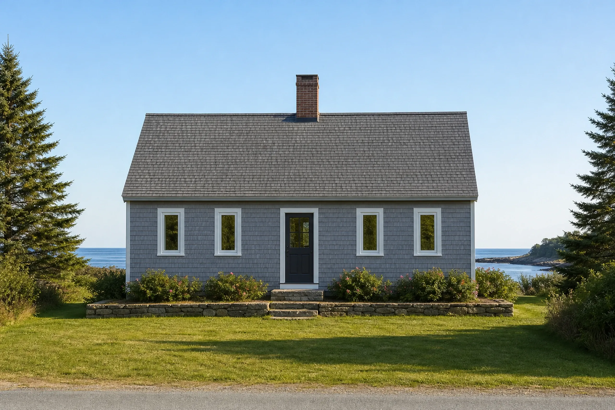 Windows replaced across the Midcoast: gray shingled Cape with a dark front door, four small white-trimmed windows and a brick chimney, with the ocean and evergreens beyond