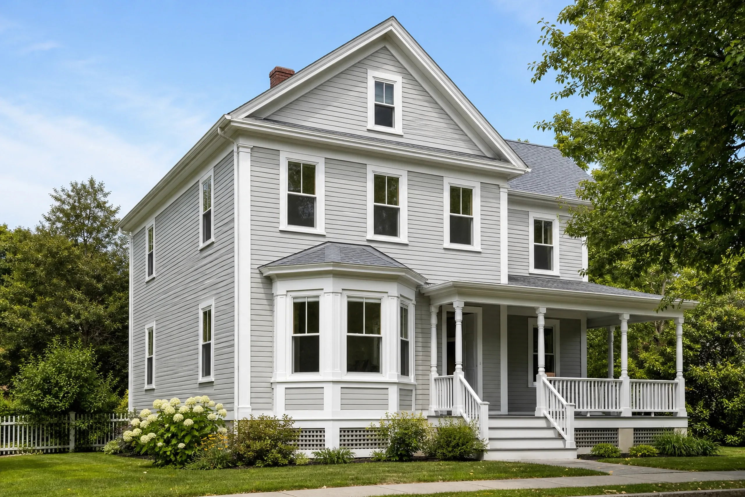 Bay and bow windows: gray clapboard house with a white bay window, a front porch with white railings, a brick chimney and a white picket fence
