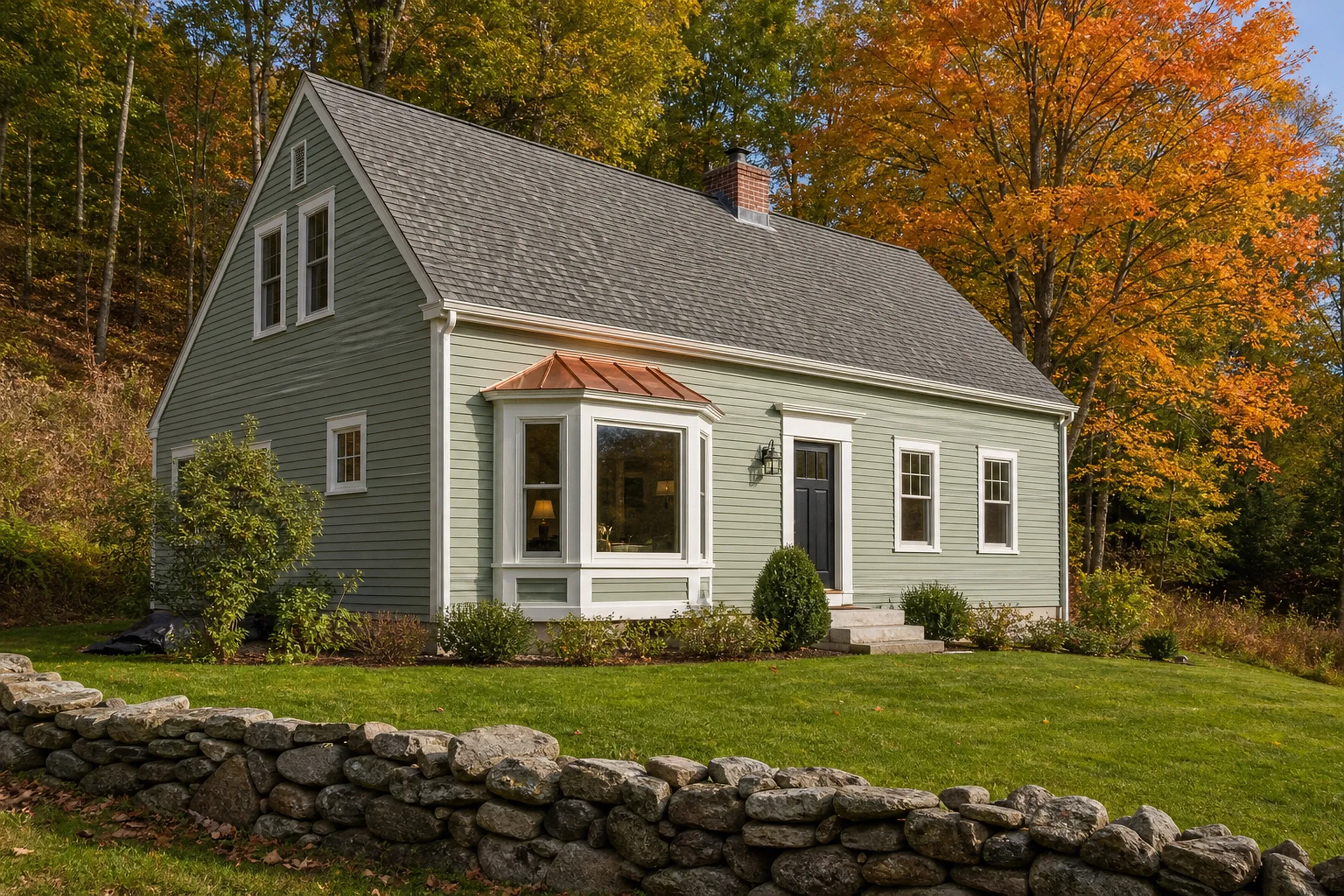 Bay and bow windows: sage green Cape with a white bay window under a copper-colored roof, a dark front door and a stone wall, before orange autumn trees