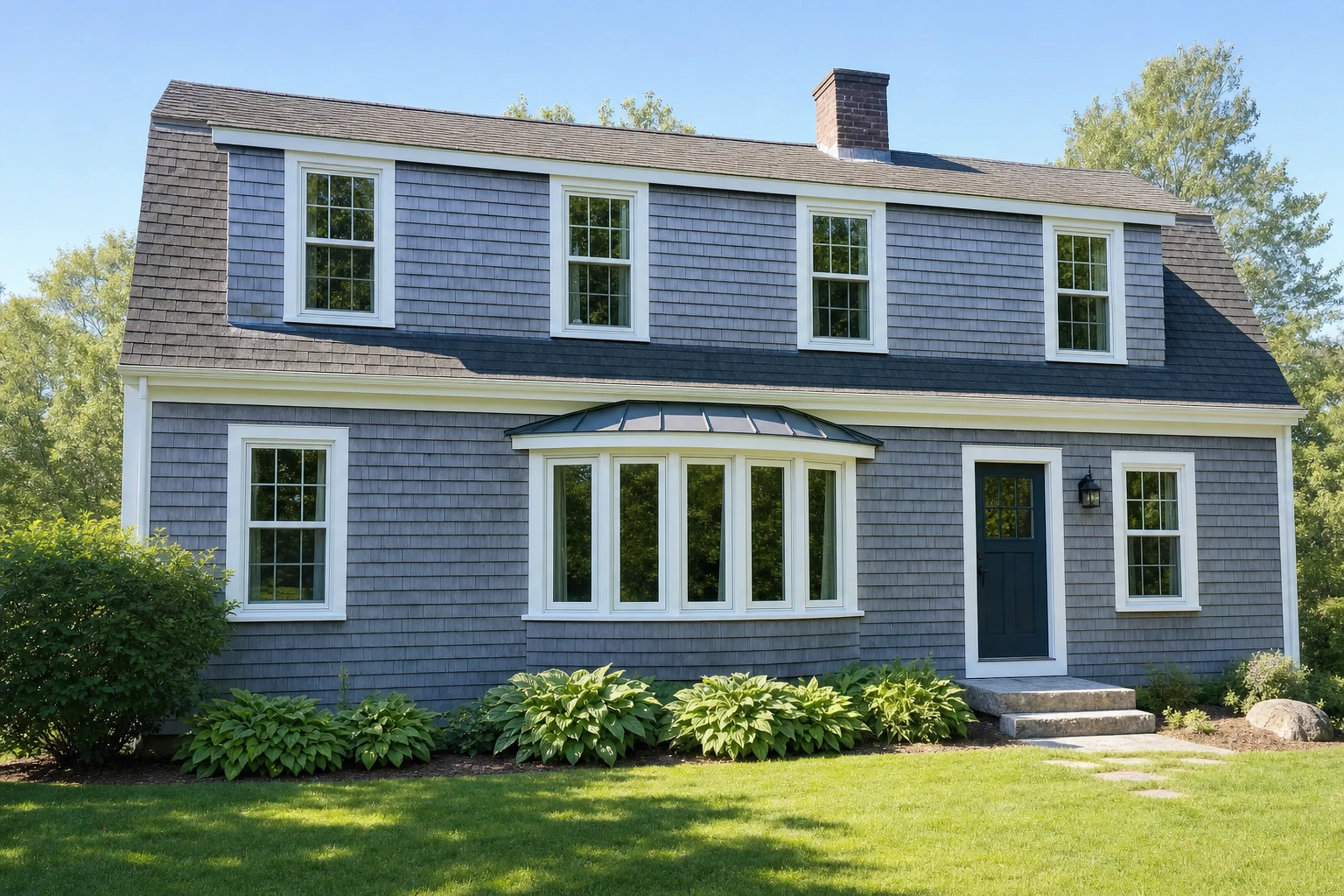 Bay and bow windows: gray shingled house with four roof dormers, a white bow window of five narrow windows, a dark blue door and leafy plants along the front