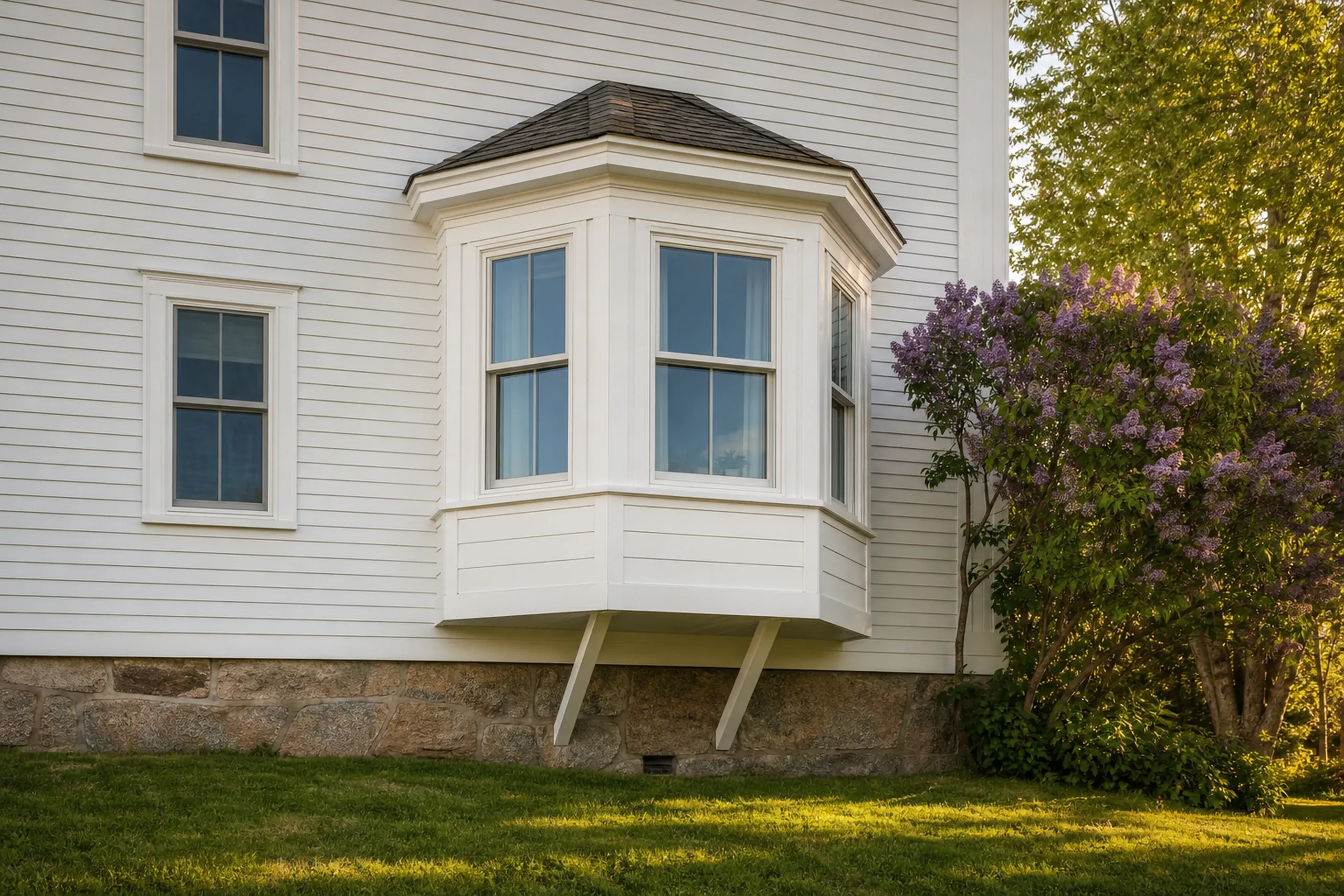 Bay and bow windows: white clapboard house with a three-sided bay window held up by two diagonal braces over a granite foundation, beside a blooming lilac