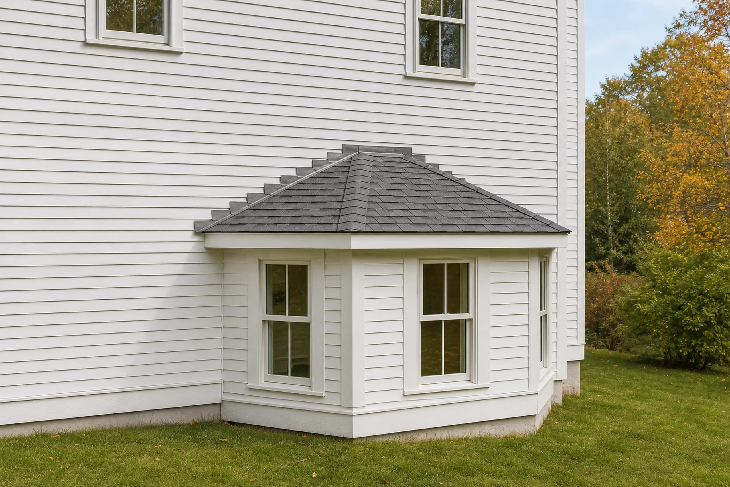 Bay and bow windows: small bay window under a gray shingled hip roof on white clapboards, with stair-stepped flashing along the roof edge and yellow trees