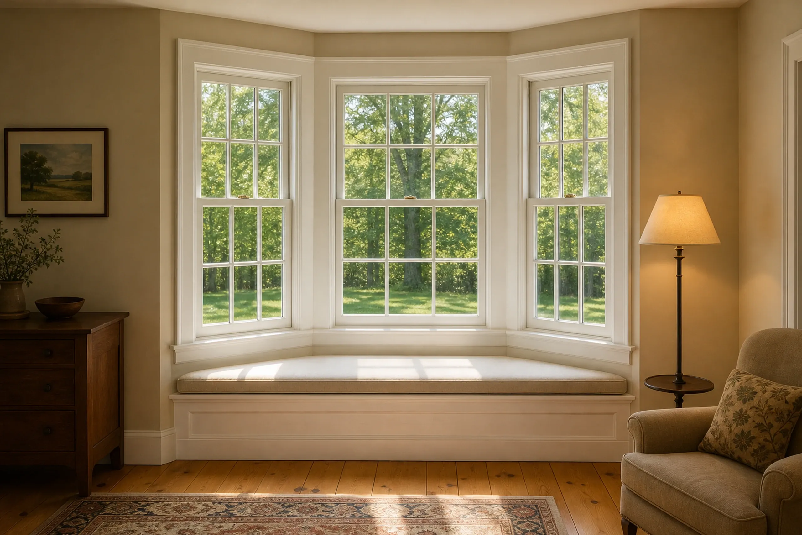 Bay and bow windows: three white grid-pane double-hung windows in a bay above a cushioned window seat, with a wood floor, floor lamp, armchair and patterned rug