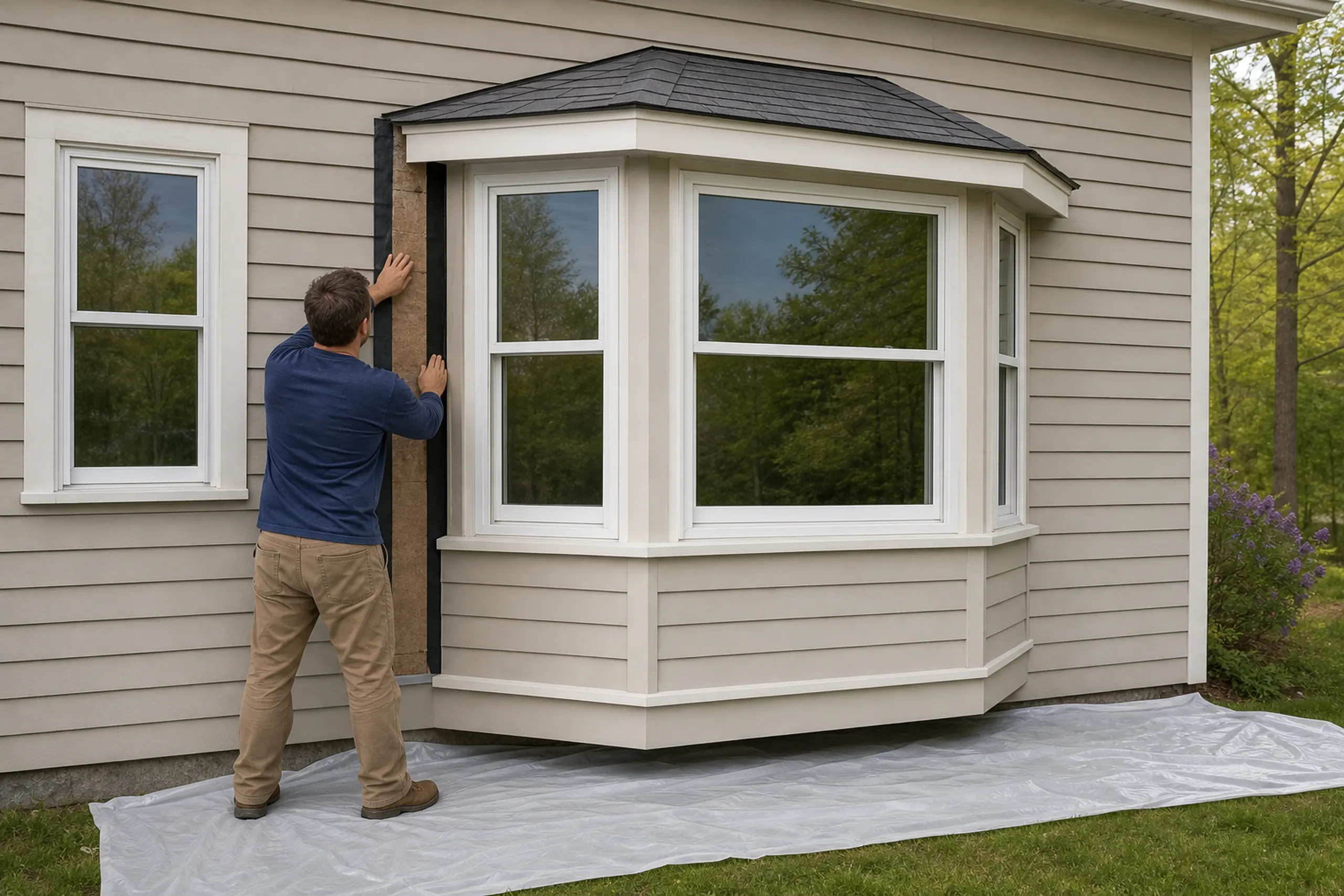 Bay and bow windows: A man seen from behind in a navy shirt and khakis, reaching up a strip of dark tape beside a white bay window, plastic sheeting below