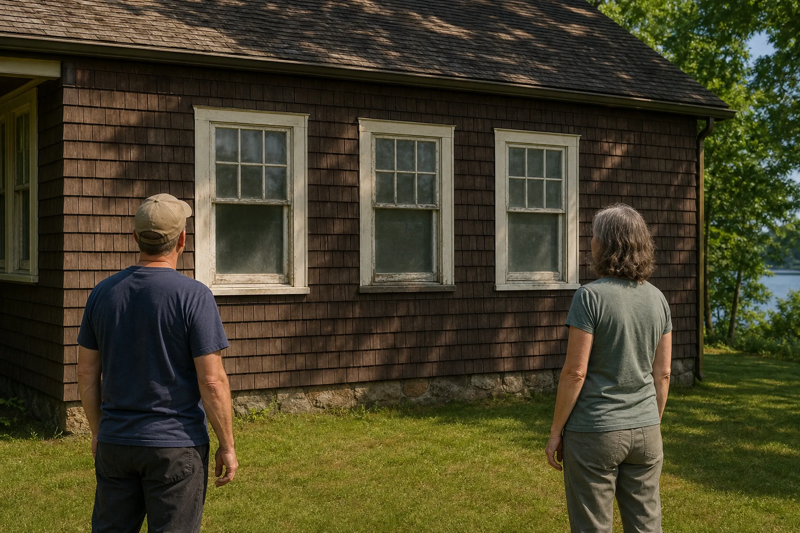 Bay and bow windows first visit: A man and a woman seen from behind, facing three weathered white double-hung windows on a brown shingled house, with water at the right