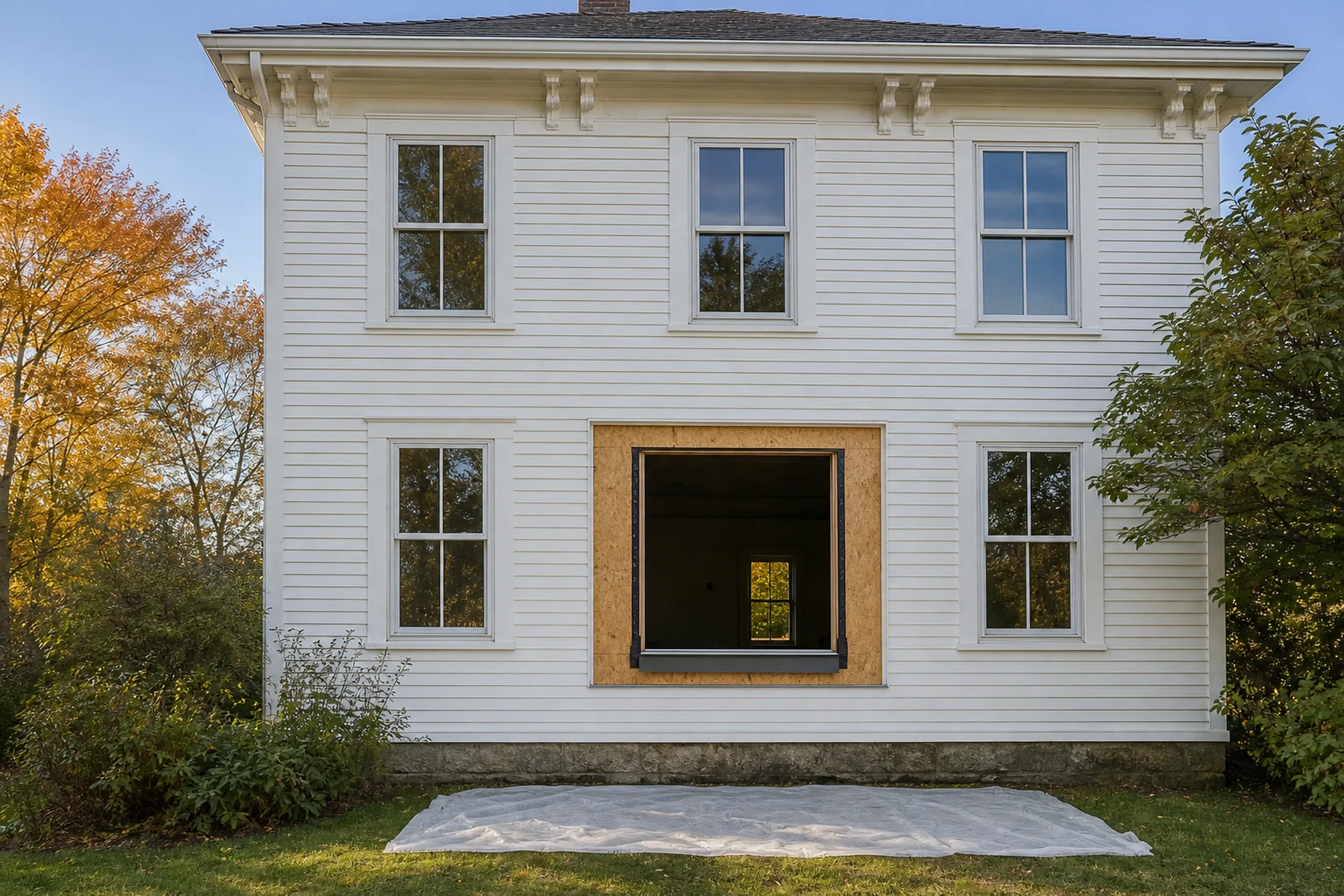 Bay and bow windows in progress: white clapboard house with bracketed eaves and a large empty window opening framed in tan sheathing, plastic sheeting on the grass below
