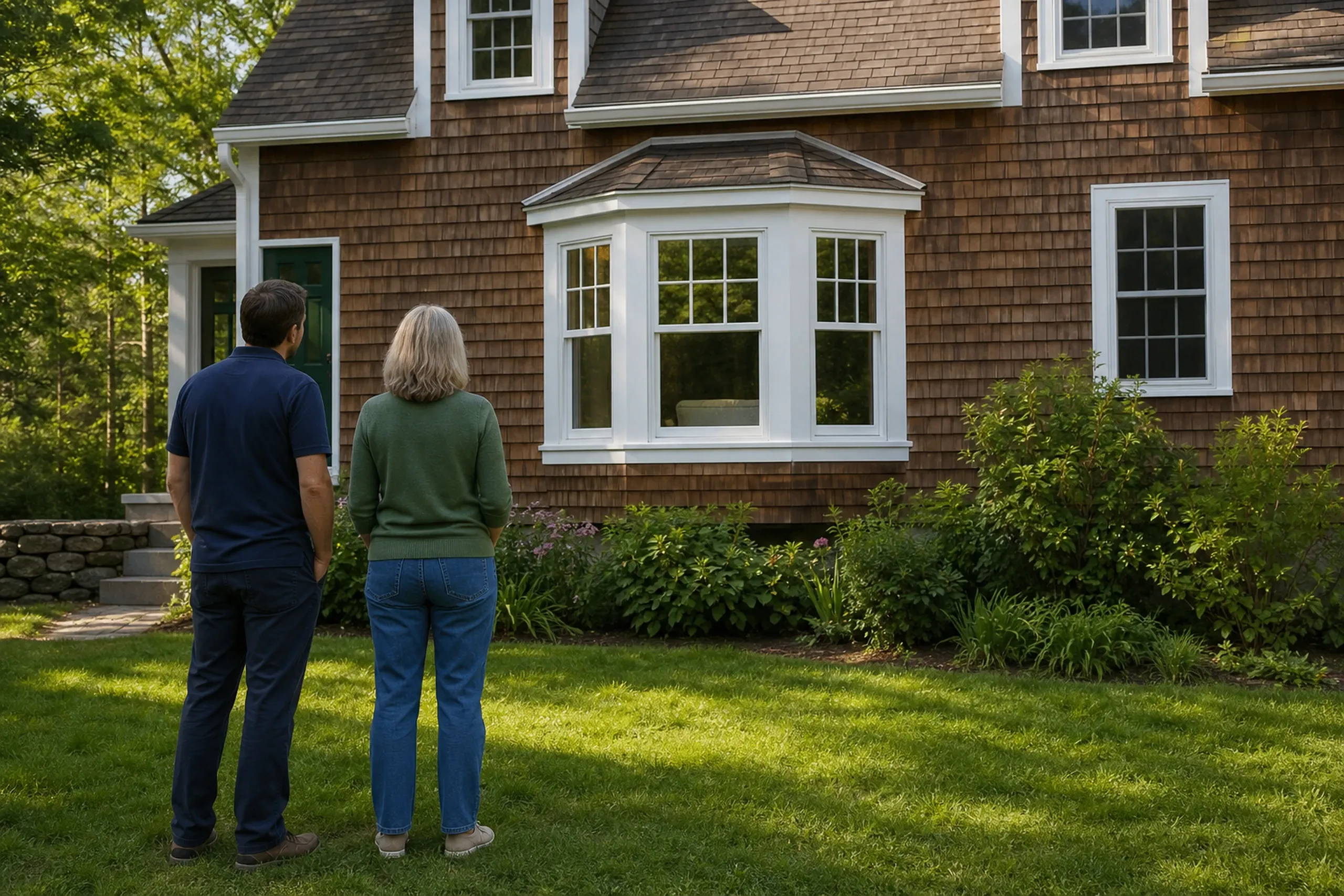 Bay and bow windows final walkthrough: A man and a woman seen from behind on a lawn, facing a brown shingled house with a white bay window and a green door