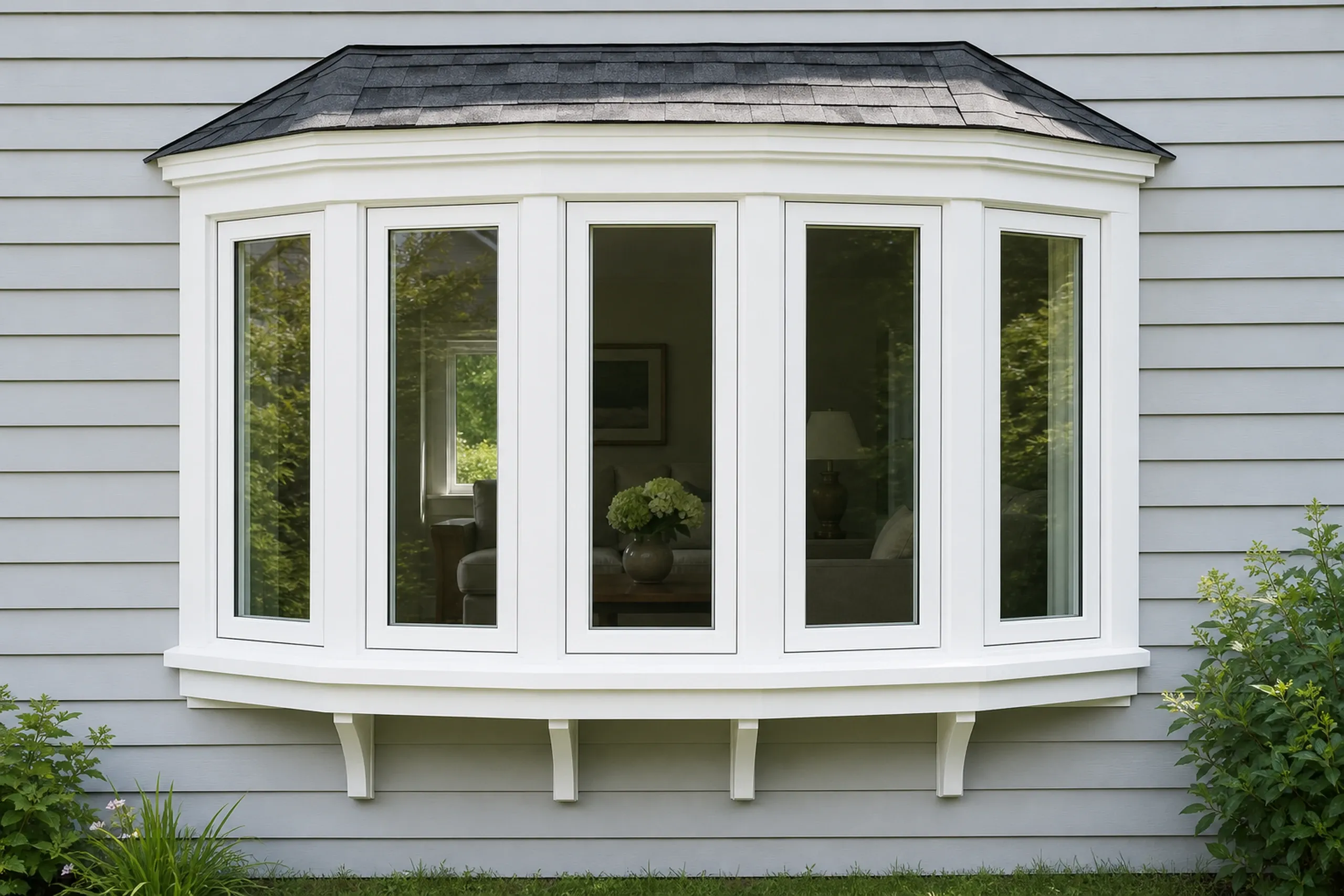 Bay and bow windows: white five-section bay window under a gray shingled roof, held by four small brackets, on gray clapboard siding beside a green shrub