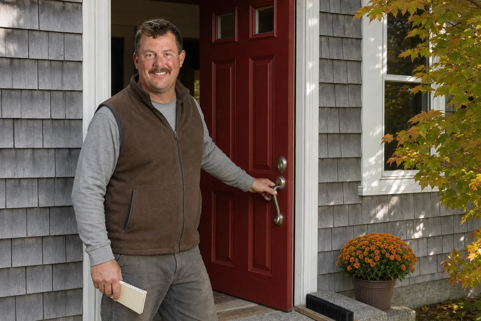 Dave Brackett, owner of Rockland Window Replacement: smiling while opening a red paneled front door by its handle, in a brown fleece vest over a gray shirt