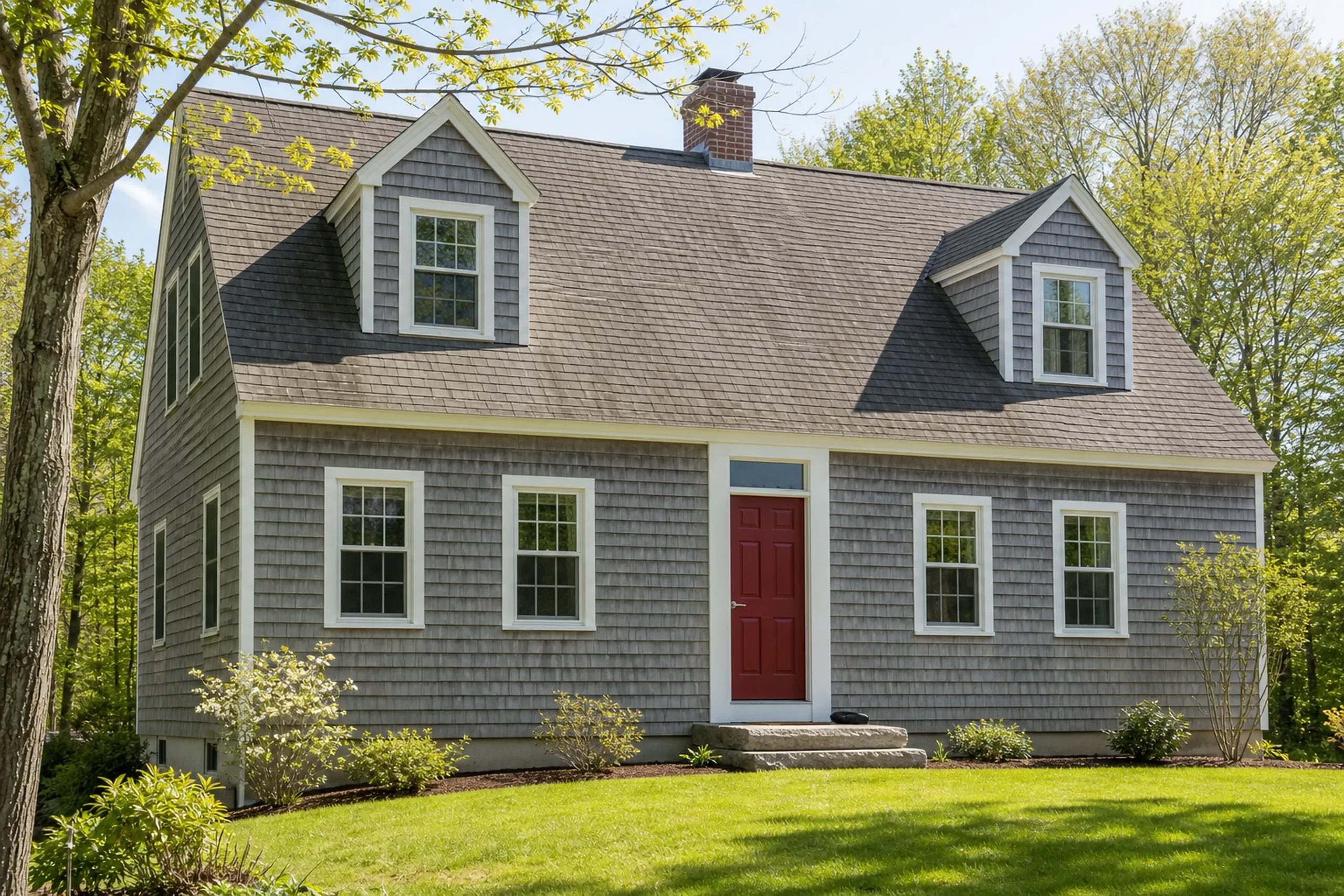 Entry door replacement: gray shingled Cape with two dormers, a red front door under a small transom, white-trimmed grid-pane windows and a granite step