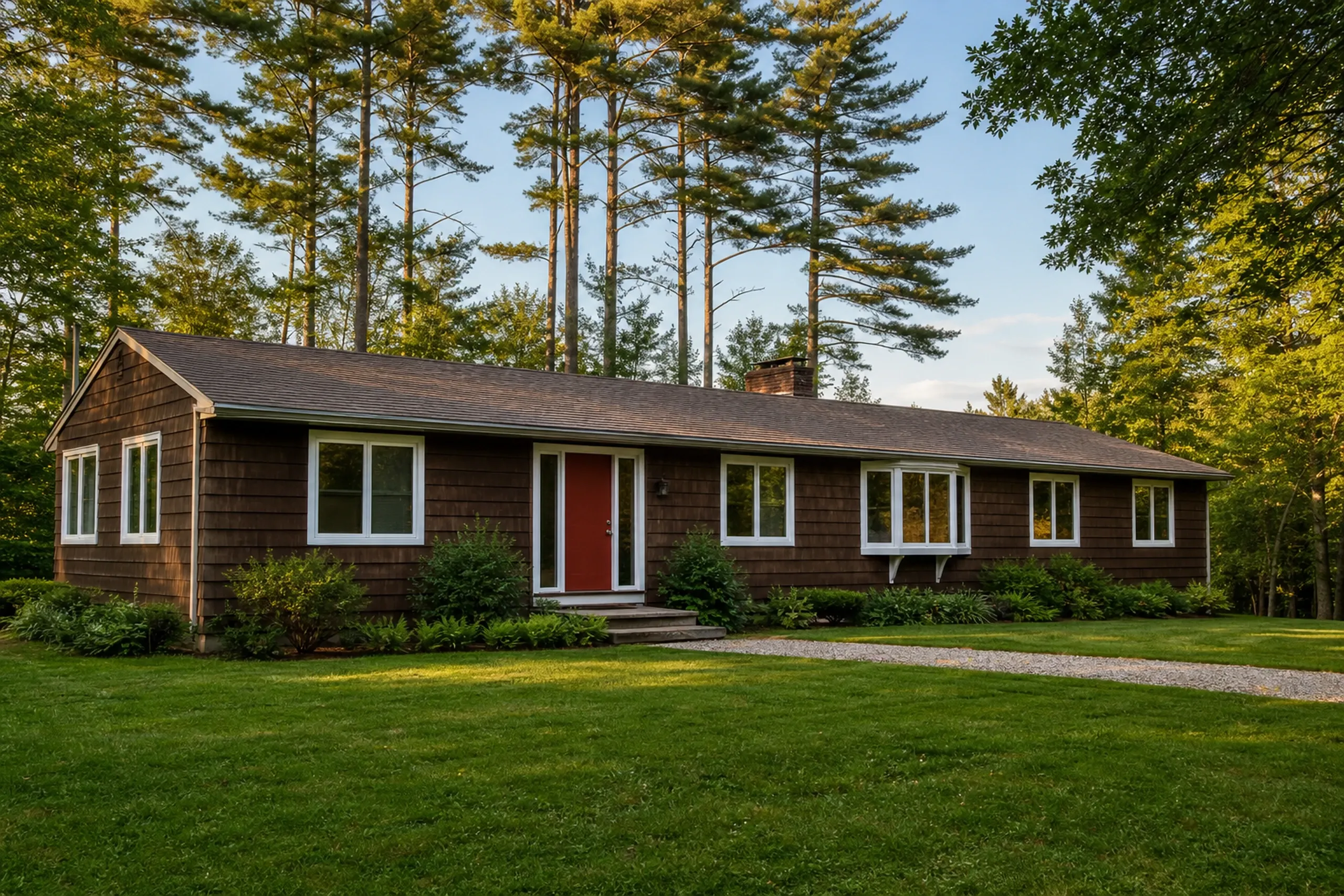 Entry door replacement: long one-story ranch with dark brown shingles, a red front door with sidelights, a small bay window and tall pines behind the lawn
