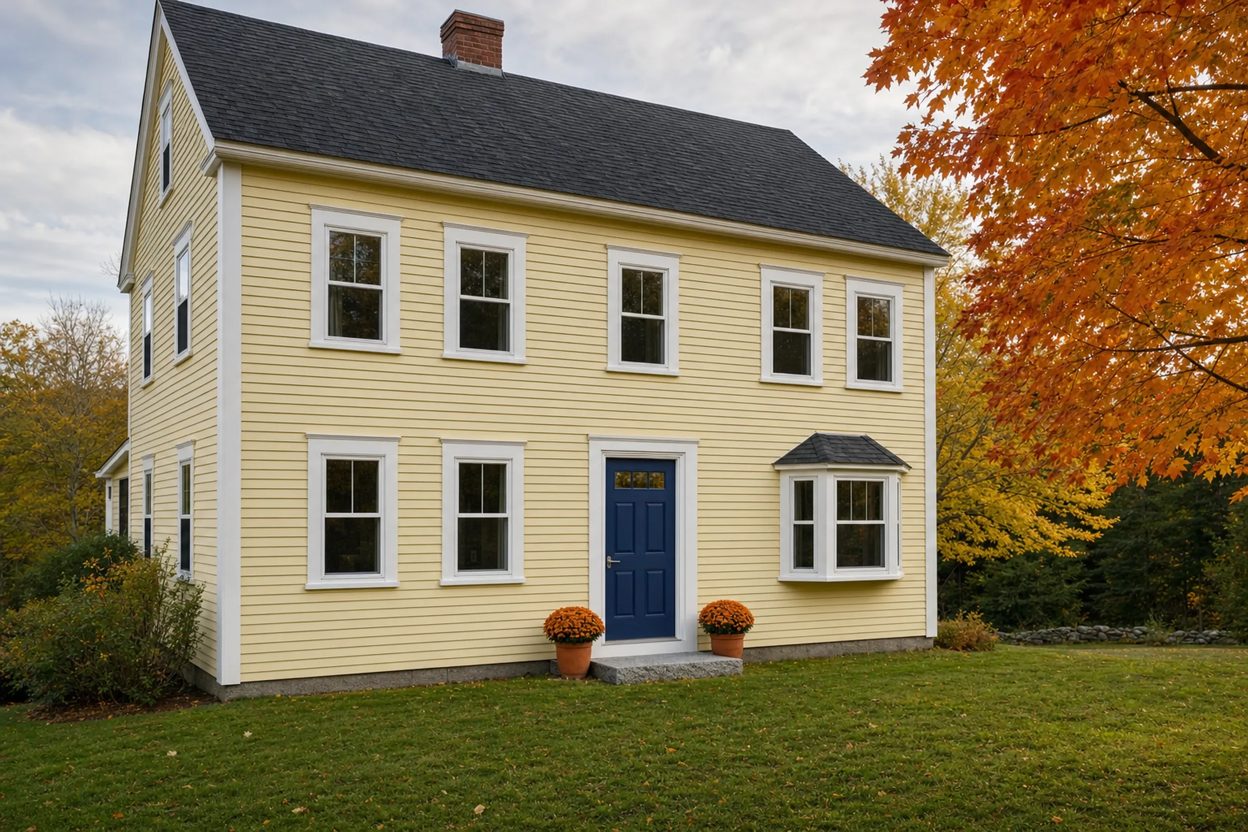 Entry door replacement: pale yellow clapboard house with a navy front door, two pots of orange mums, a small bay window and a tree with orange leaves in autumn