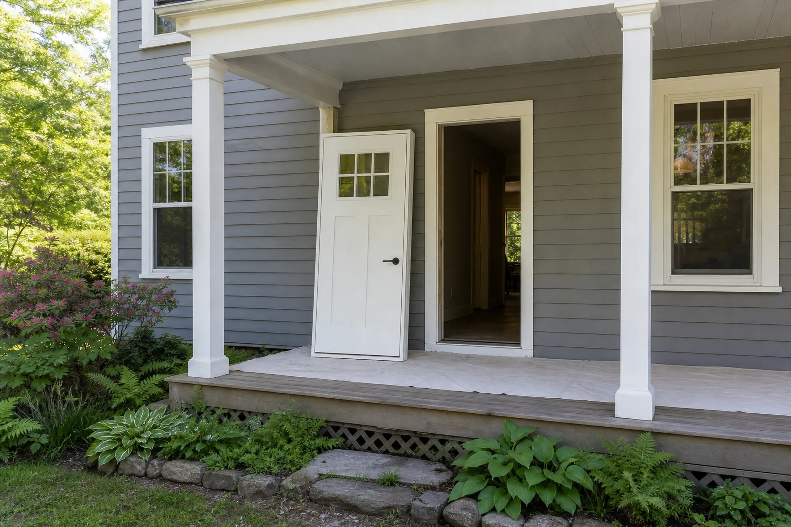 Entry door replacement: white entry door with six small glass panes standing on a porch floor beside the empty doorway, in gray clapboards with white posts