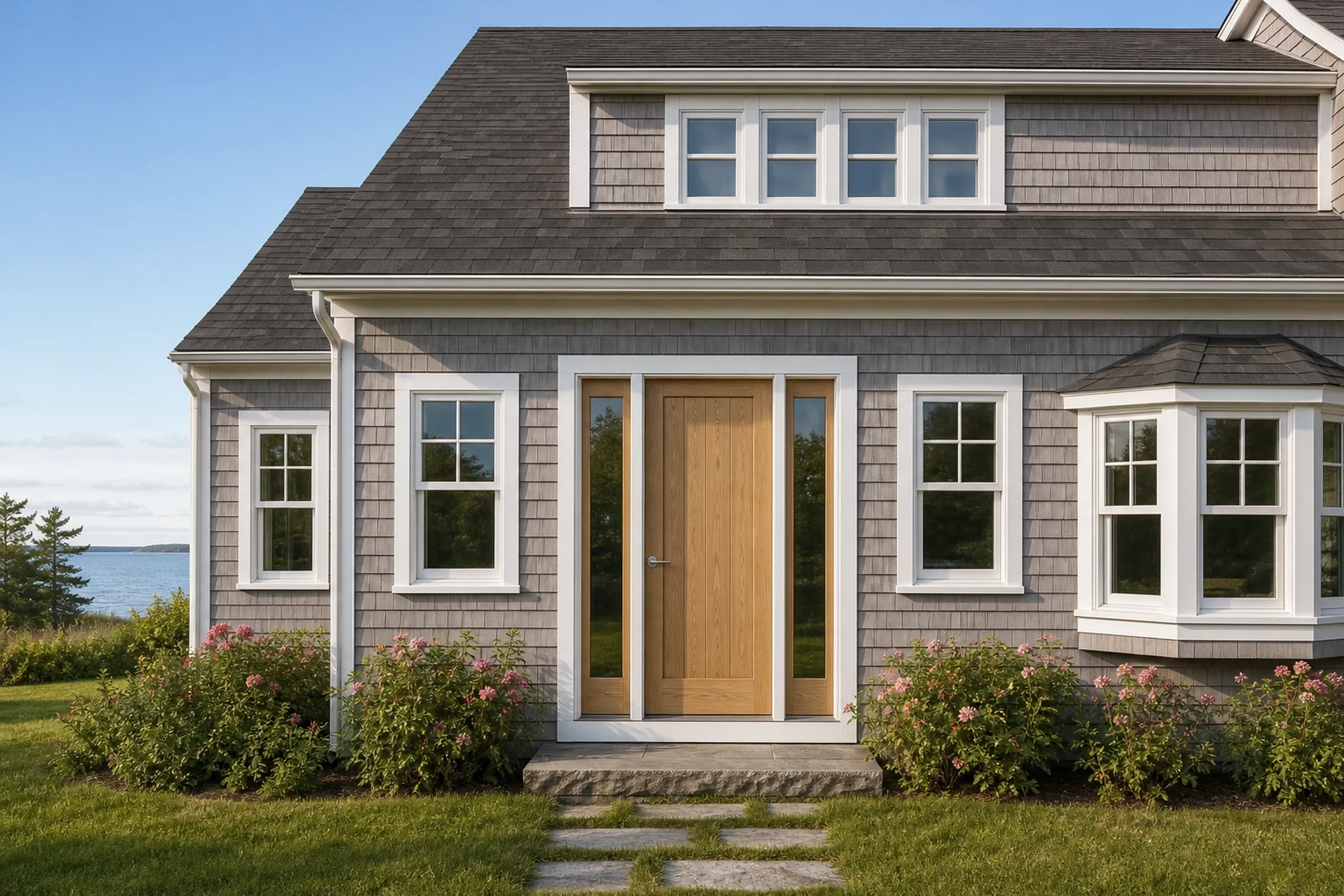 Entry door replacement: natural wood entry door with a tall glass sidelight on each side, in a white frame on a gray shingled house with a bay window