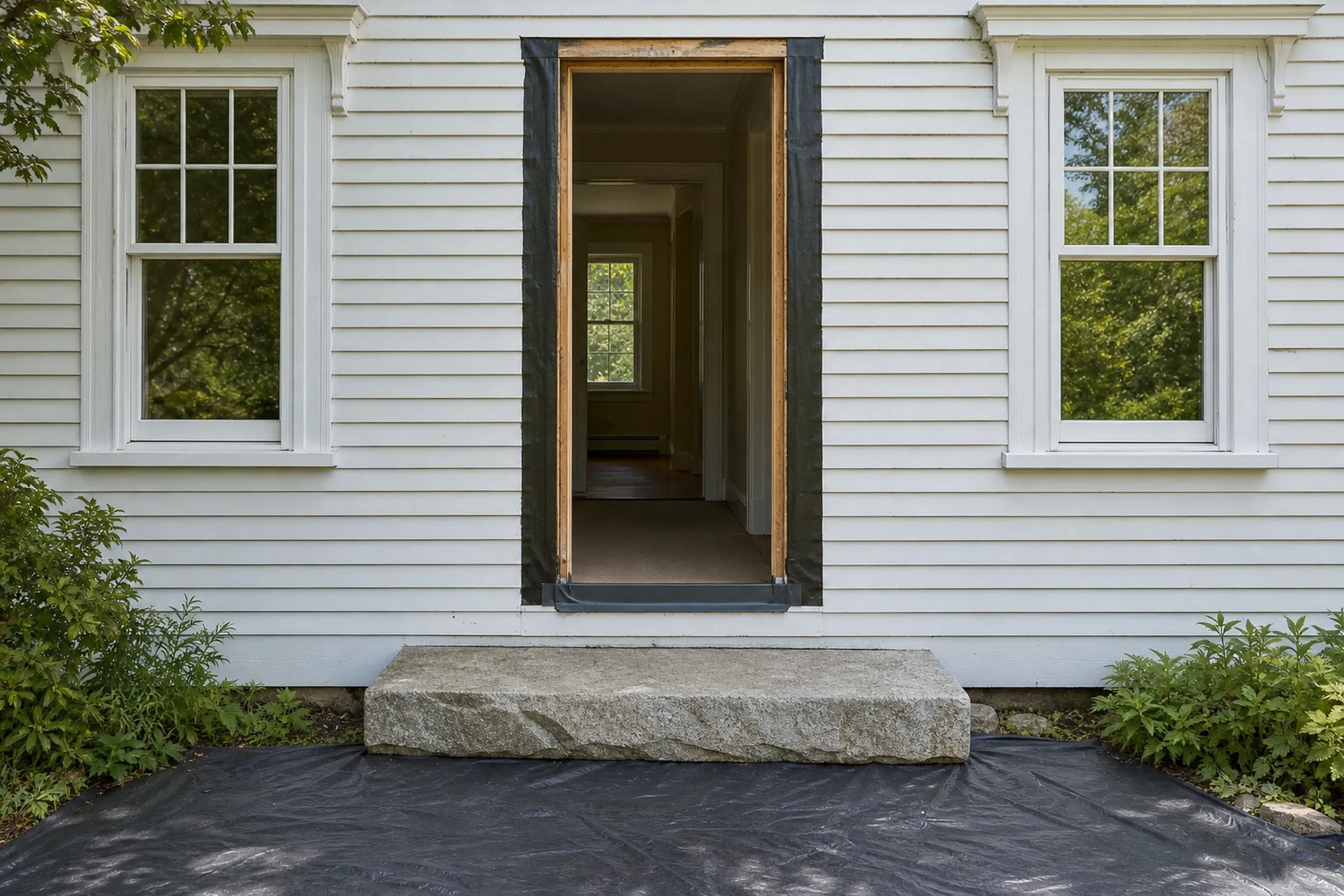 Entry door replacement: empty front doorway between two six-over-one windows on white clapboards, with black tape up both sides and a dark metal sill pan