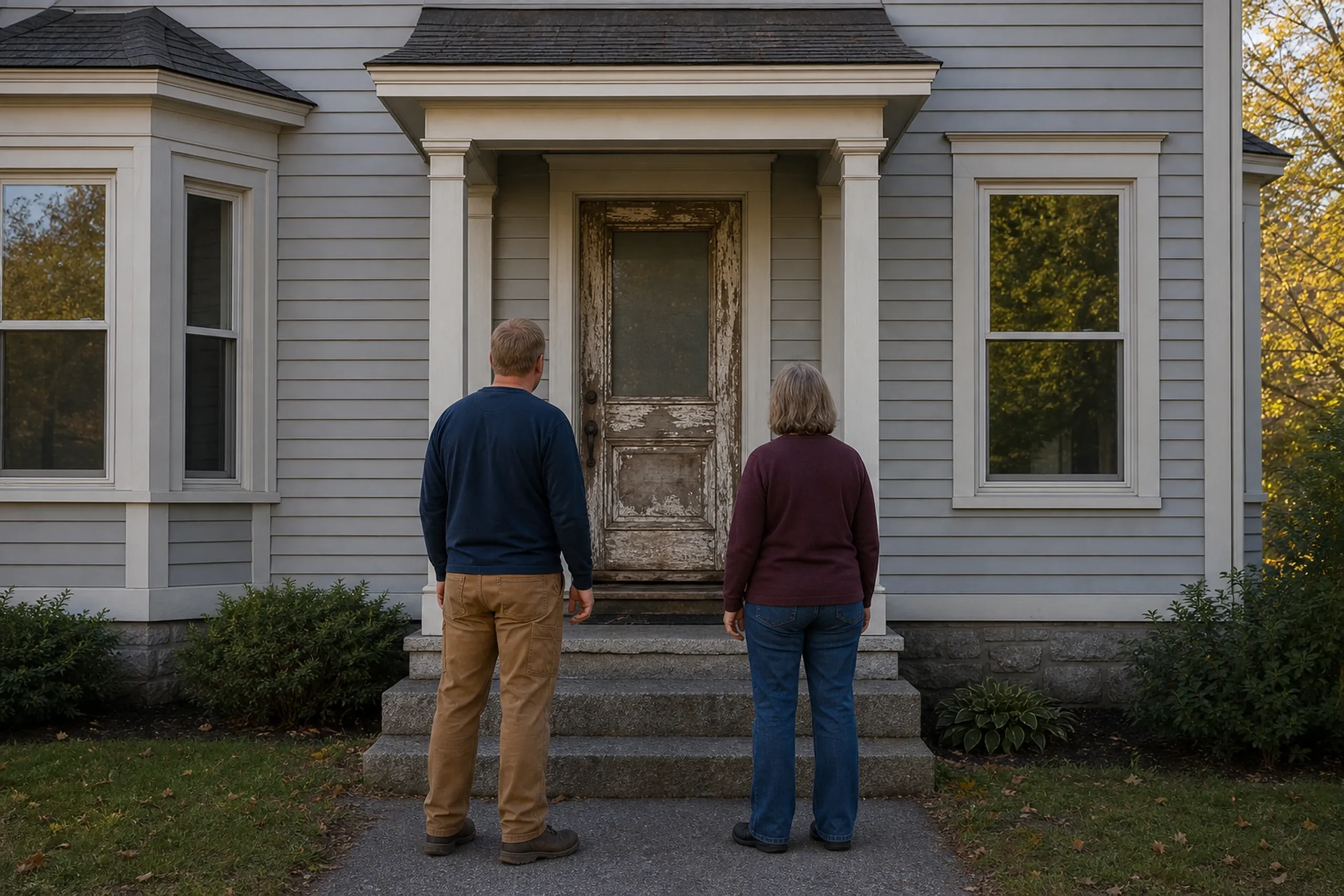 Entry door replacement first visit: A man and a woman seen from behind on a path, facing a weathered front door with peeling paint and granite steps