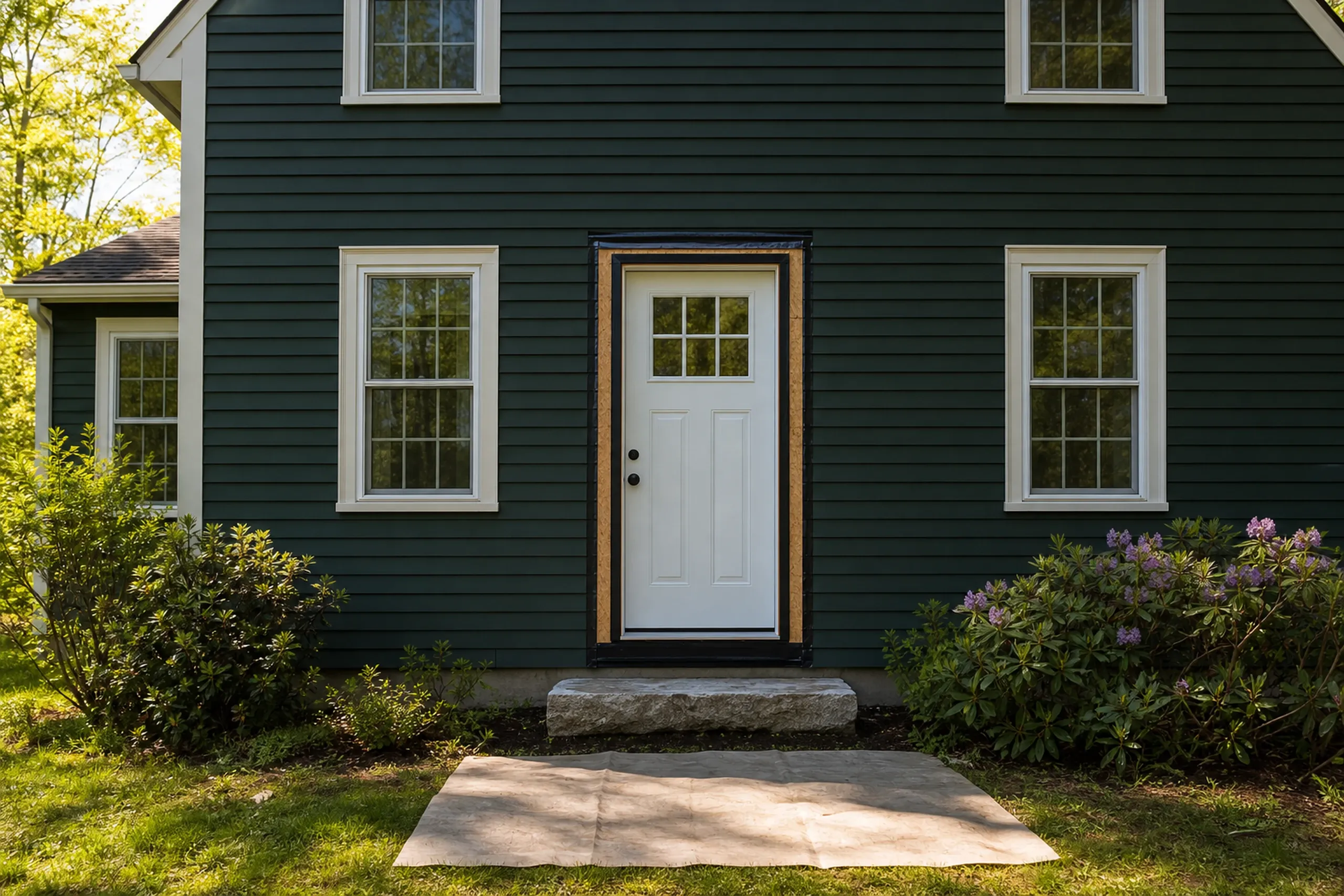 Entry door replacement in progress: dark green clapboard house with a white six-pane door in a tan-sheathed opening edged in black tape, with tan paper on the grass