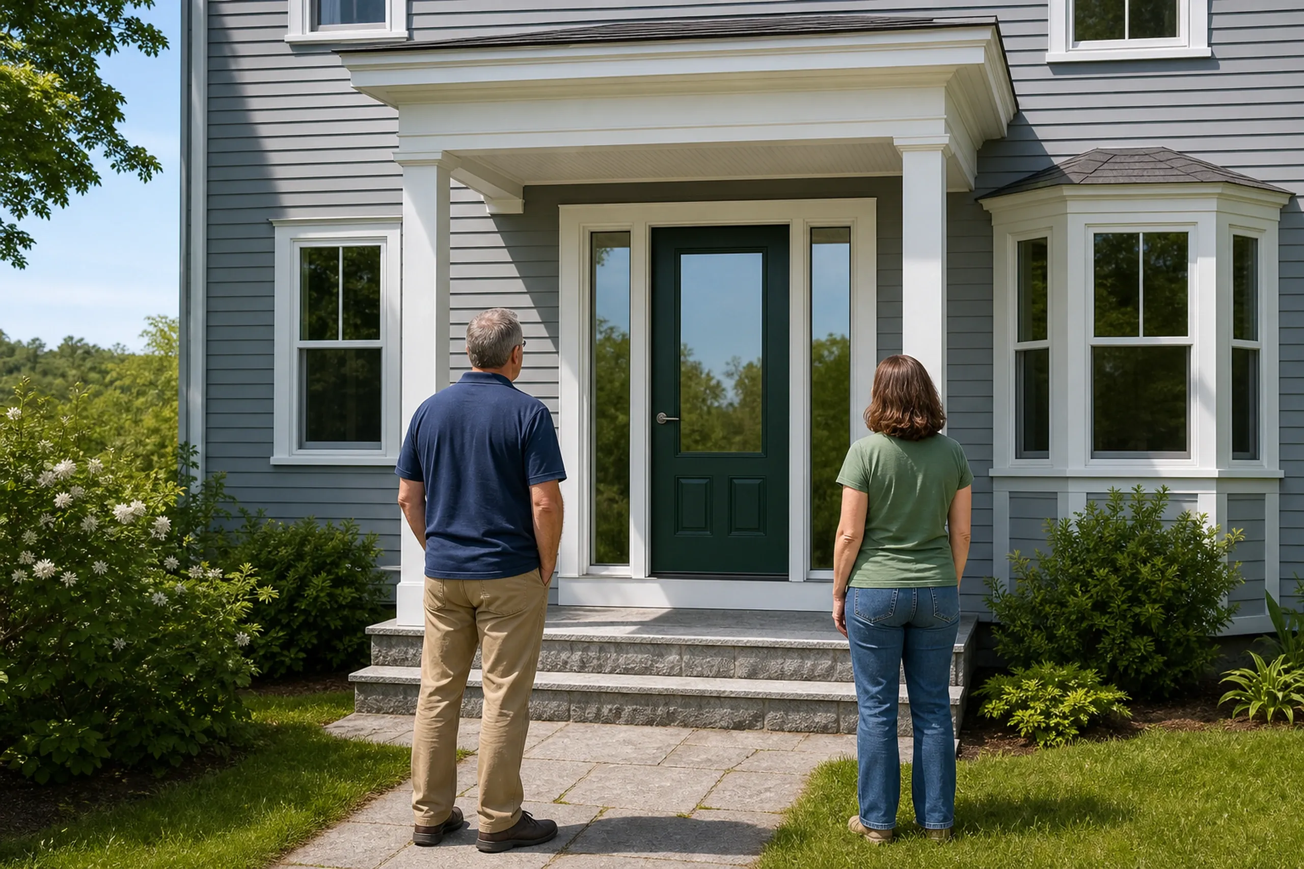 Entry door replacement final walkthrough: A man and a woman seen from behind, facing a dark green entry door with tall sidelights under a white portico