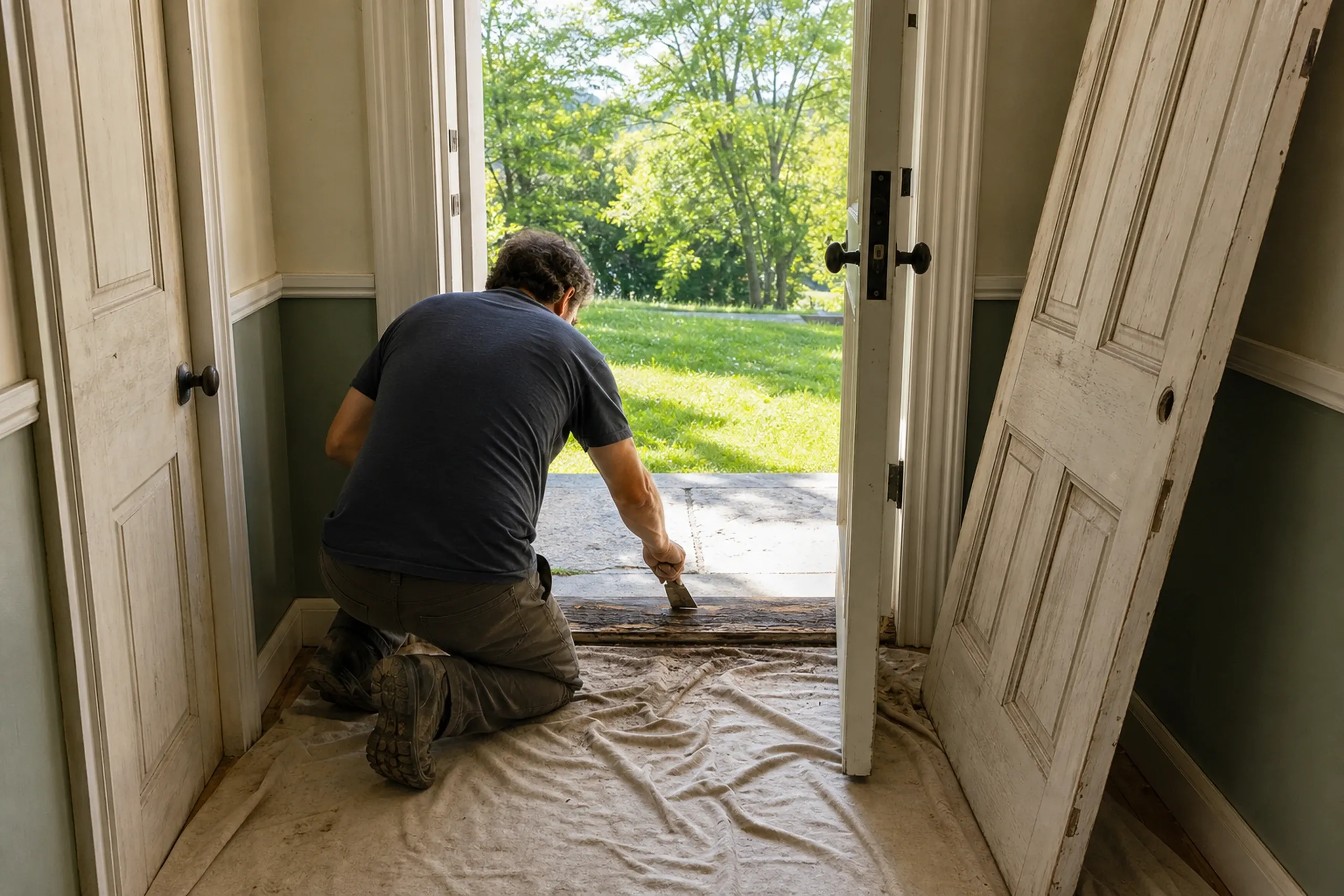 Entry door replacement: A man seen from behind, kneeling on a cloth drop cloth in an open doorway and scraping a dark wood threshold, a white door at right