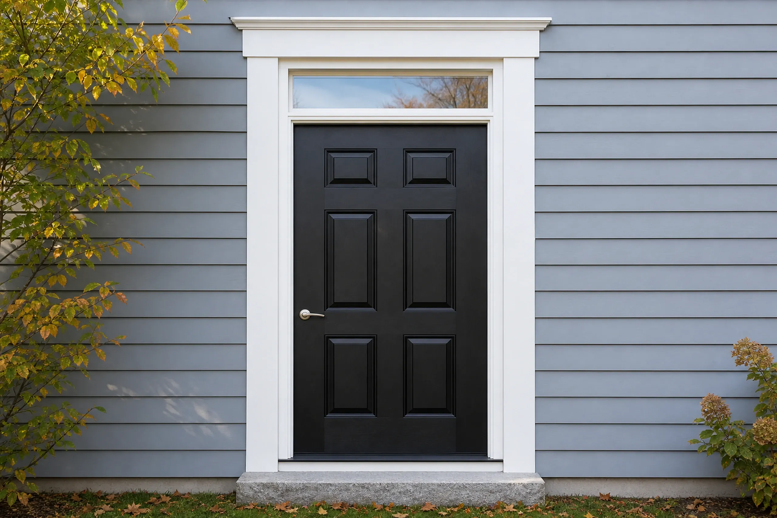 Entry door replacement: black six-panel front door with a lever handle and glass transom, in a white frame on blue-gray clapboards, with fallen autumn leaves