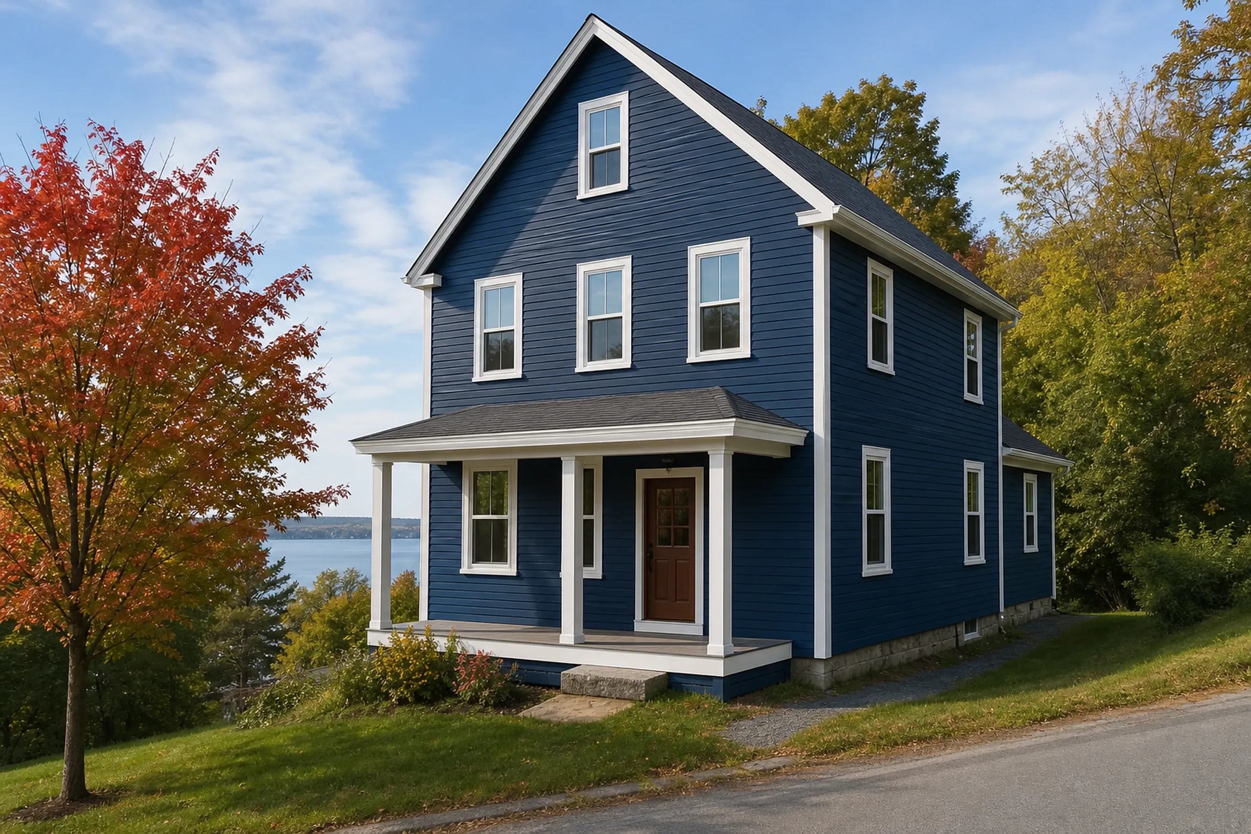 Window replacement in Rockland: navy blue clapboard house with white trim and a front porch with a brown door, beside a red-leaved tree in autumn, with a lake beyond