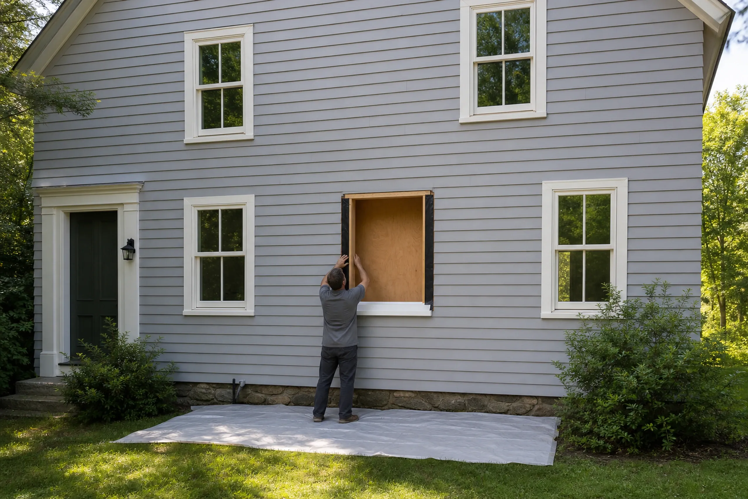 Window replacement in Rockland: A man seen from behind in a gray shirt, reaching up to a large empty window opening edged in black tape, plastic sheeting on the grass
