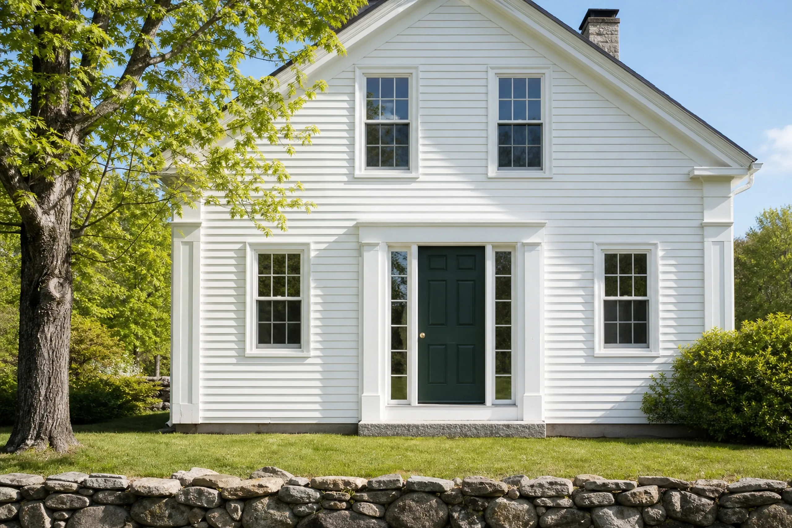 Window replacement in Rockland: white gable-front clapboard house with a dark green six-panel door between two narrow sidelights, grid-pane windows and a stone wall