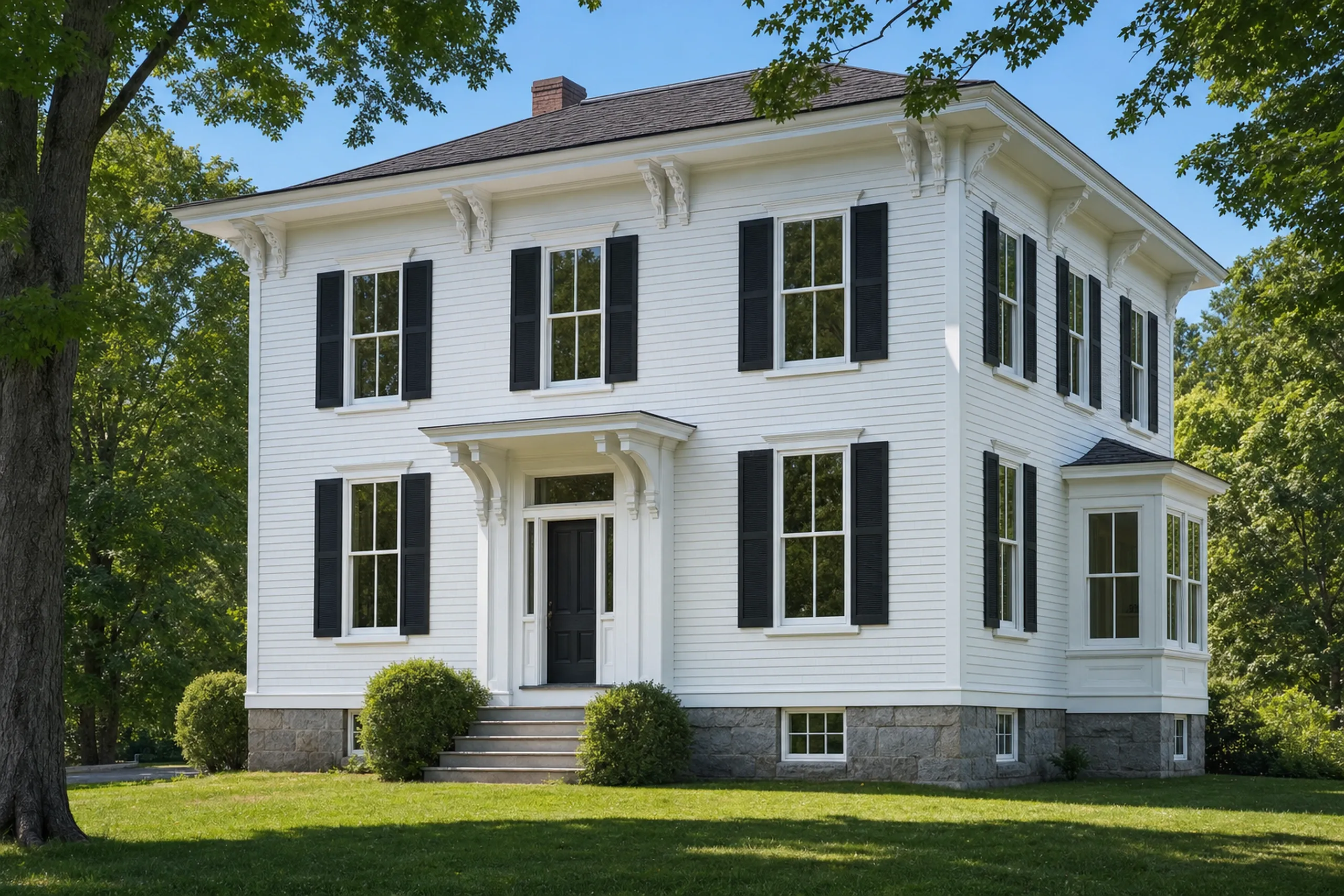 Window replacement in Rockland, ME: white two-story house with bracketed eaves, black shutters, a dark front door under a small hood, a side bay window and granite base