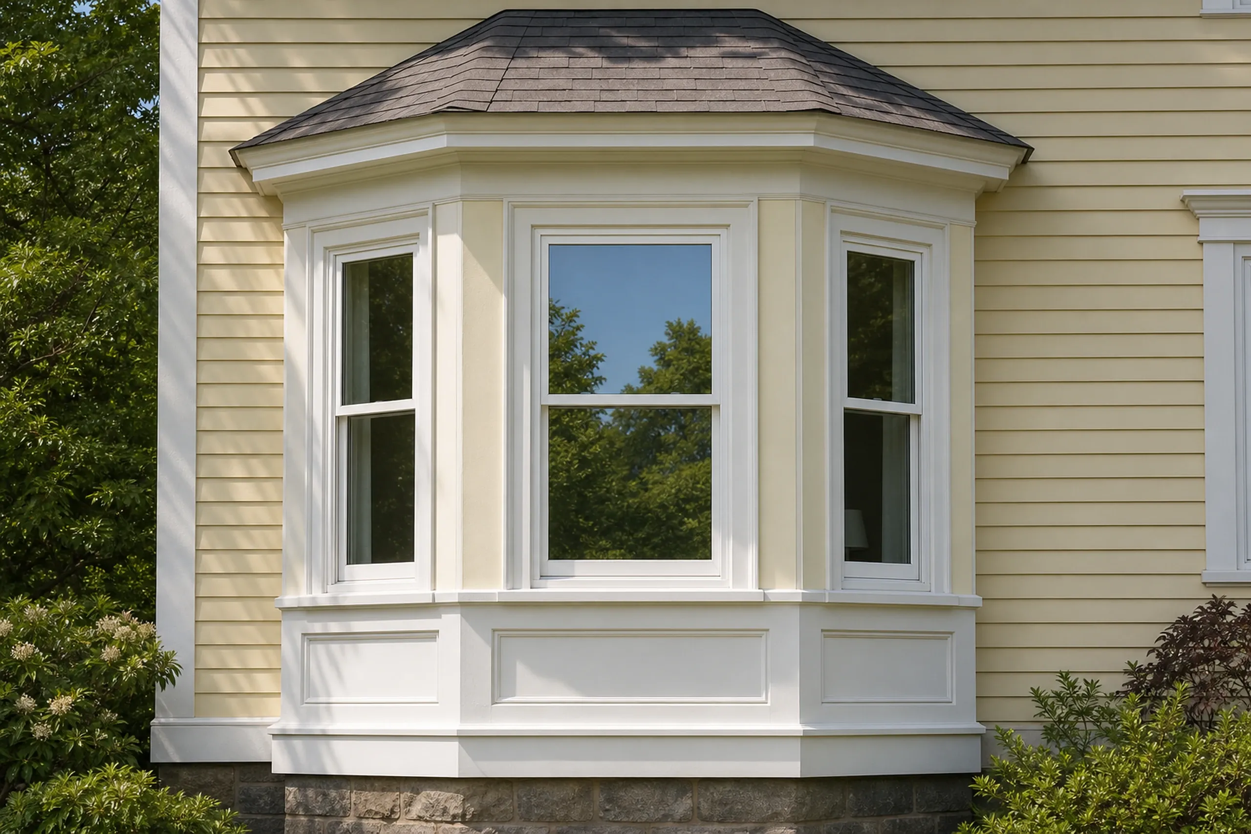 Window replacement in Rockland: white bay window with three one-over-one double-hung windows under a gray hip roof and a paneled base, on yellow clapboards