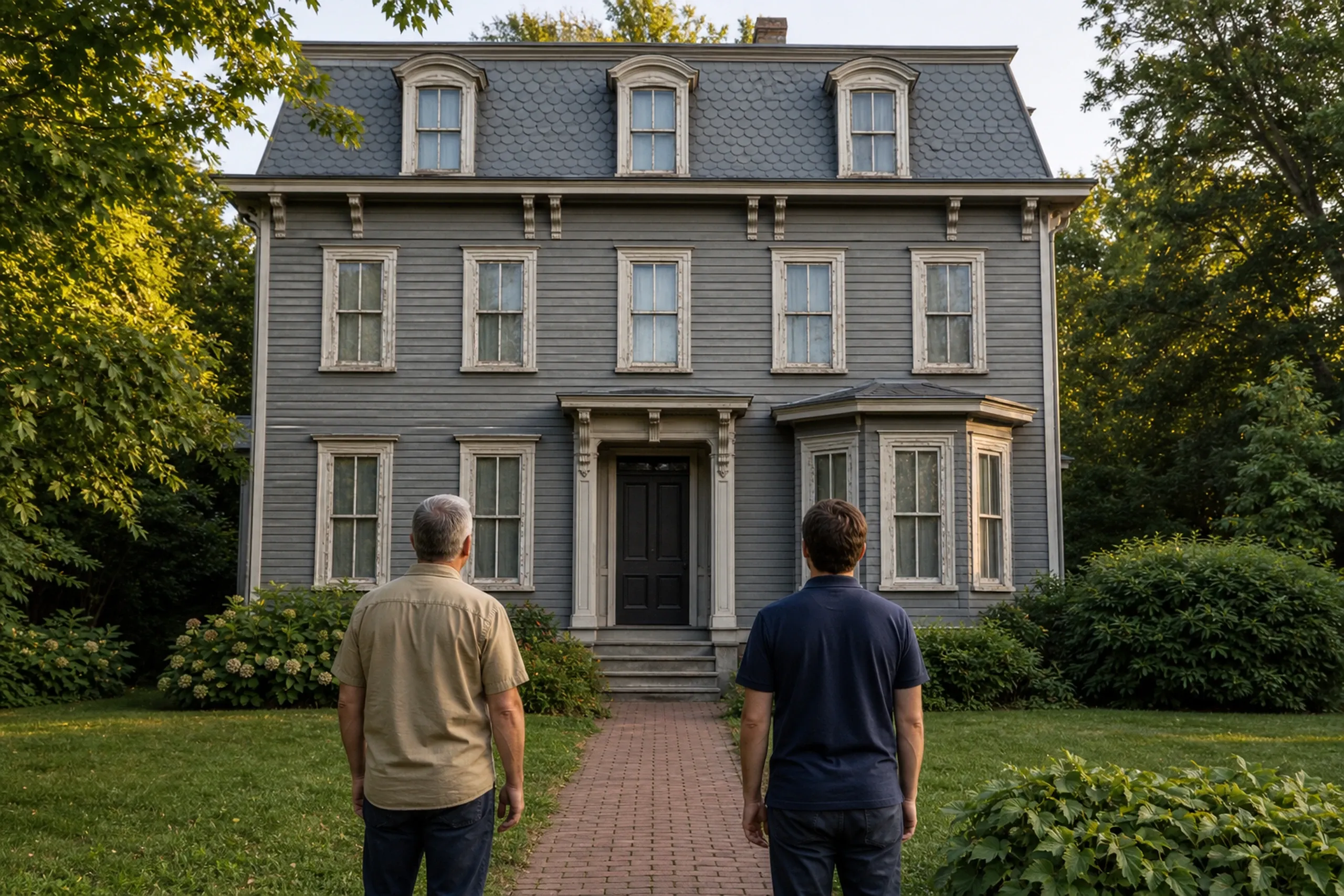 Window replacement in Rockland first visit: two men seen from behind on a brick path facing a gray clapboard house with a mansard roof, three dormers, a black door and a bay window
