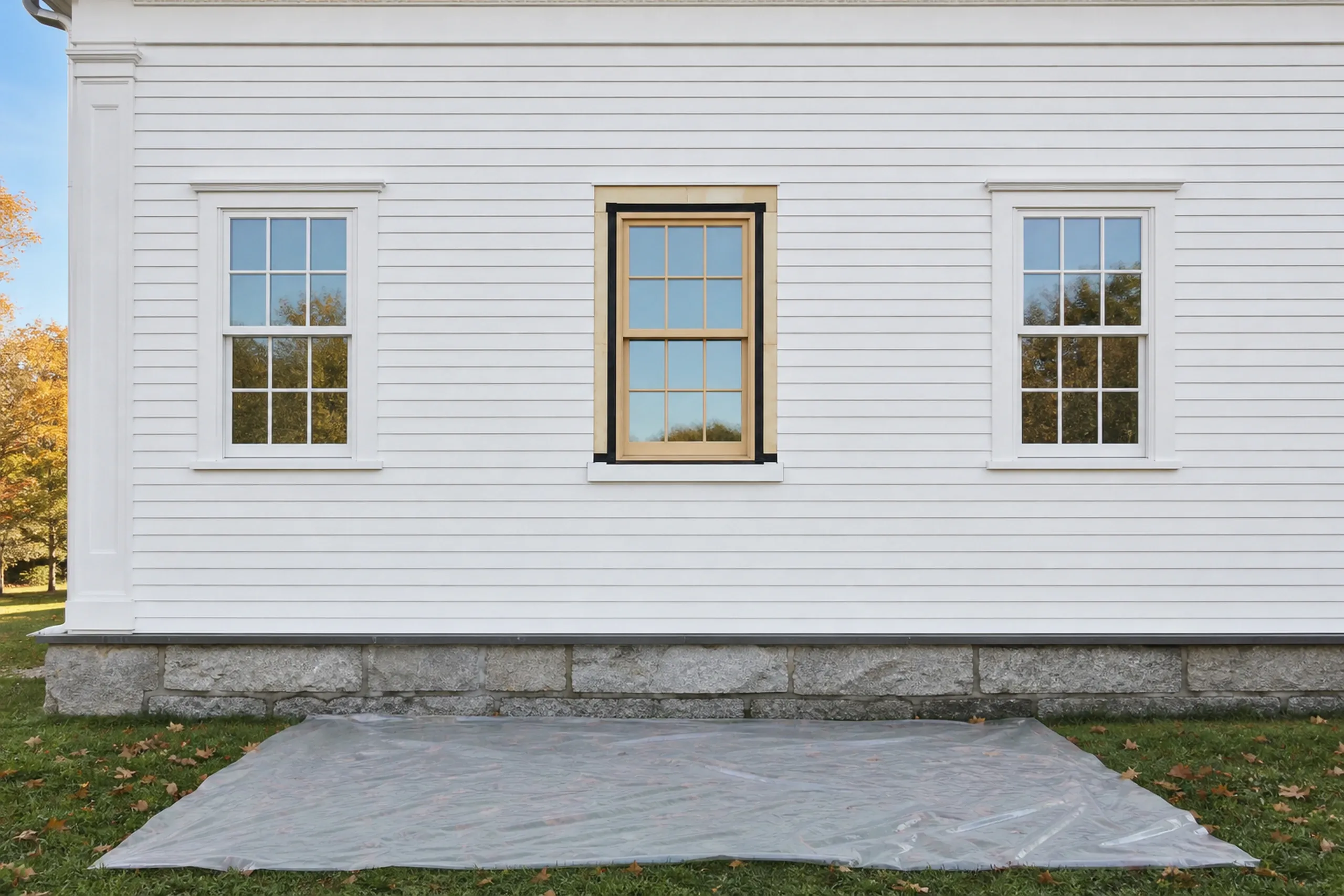 Window replacement in Rockland in progress: white clapboard wall with a bare wood window outlined in black flashing tape between two six-over-six windows, plastic sheeting on grass