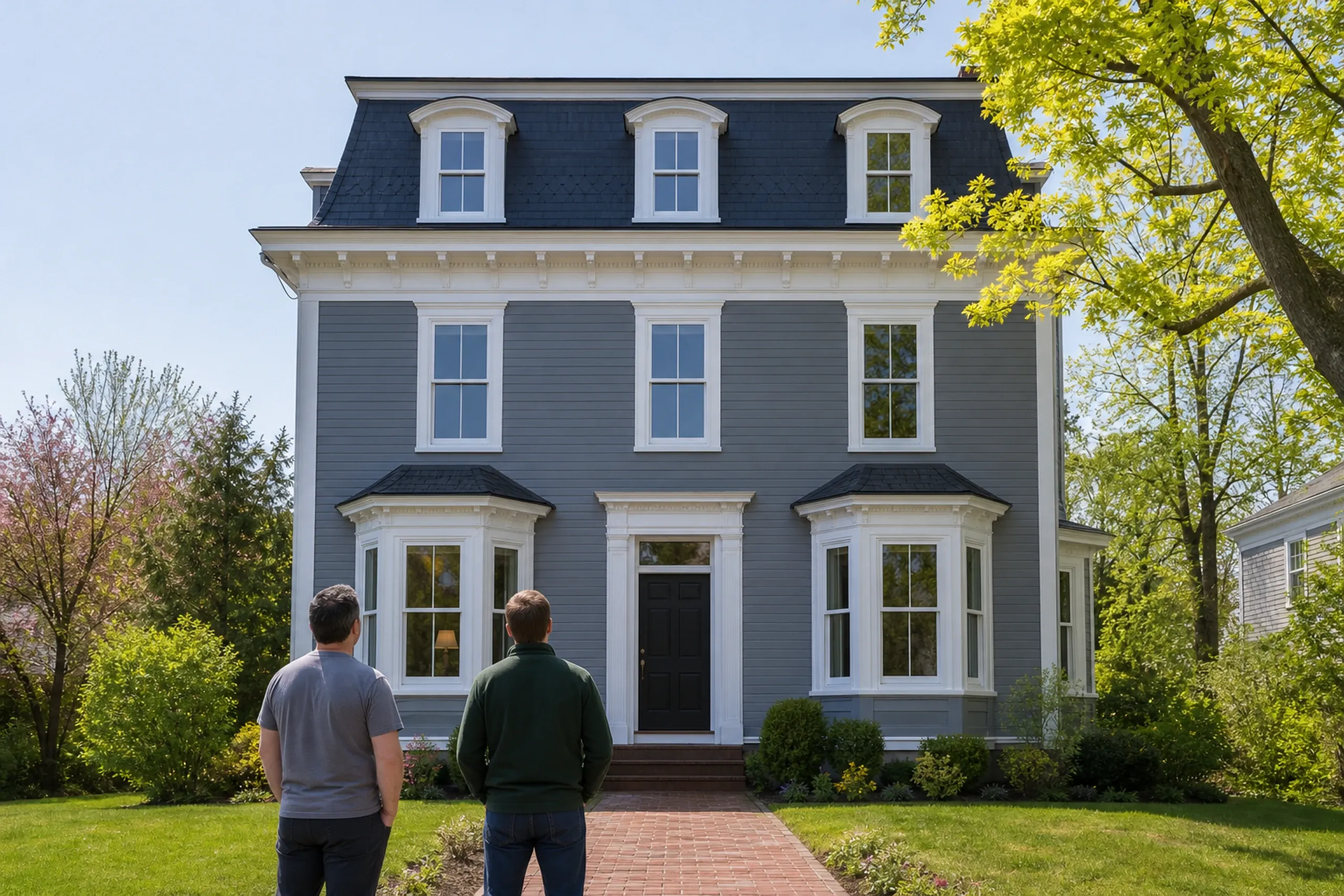 Window replacement in Rockland final walkthrough: blue-gray clapboard house with a dark mansard roof, two white bay windows and a black door, two men seen from behind on the lawn