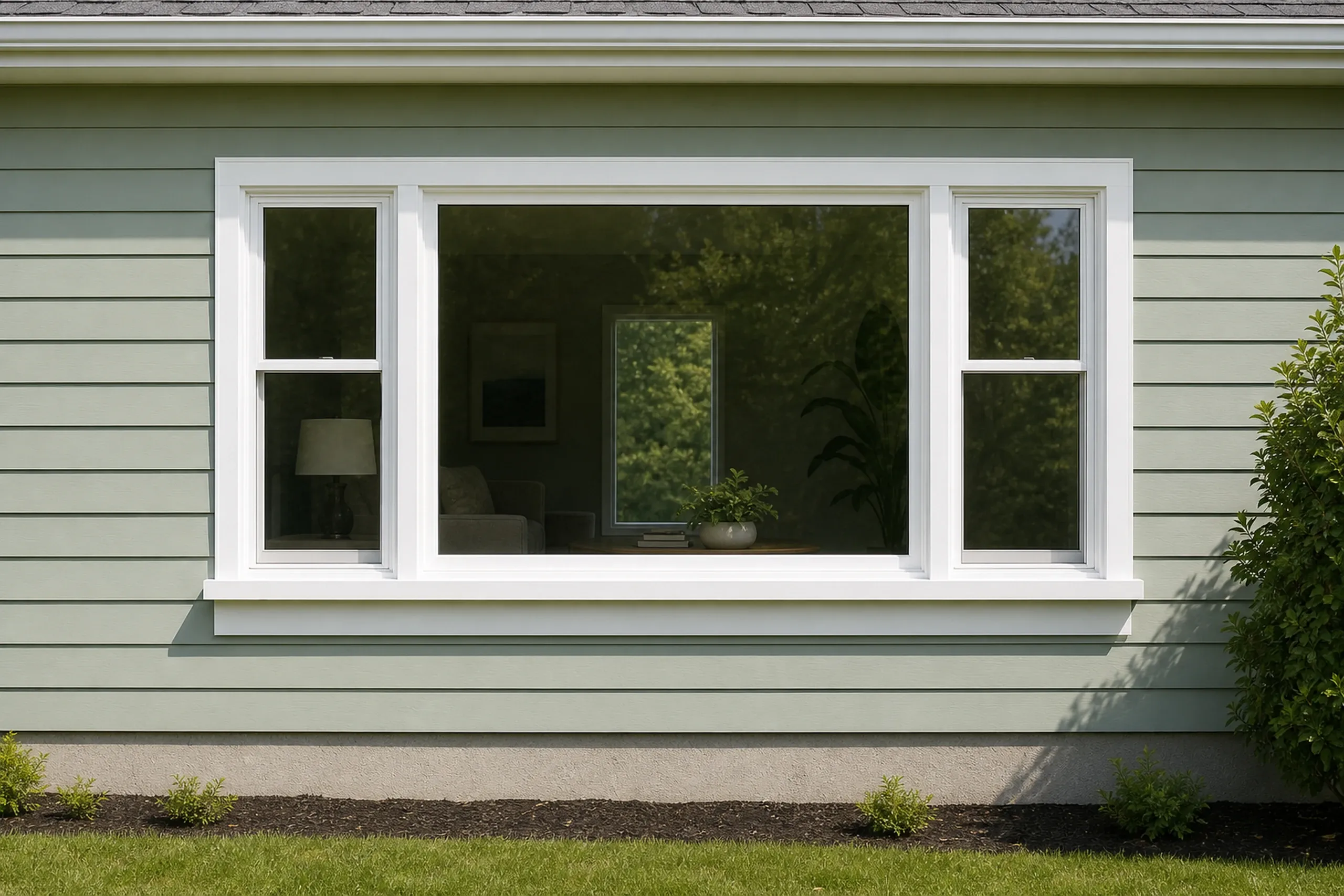 Window replacement in Rockland: wide window group with a large center pane between two one-over-one double-hungs, white trim, on sage green lap siding above a mulch bed