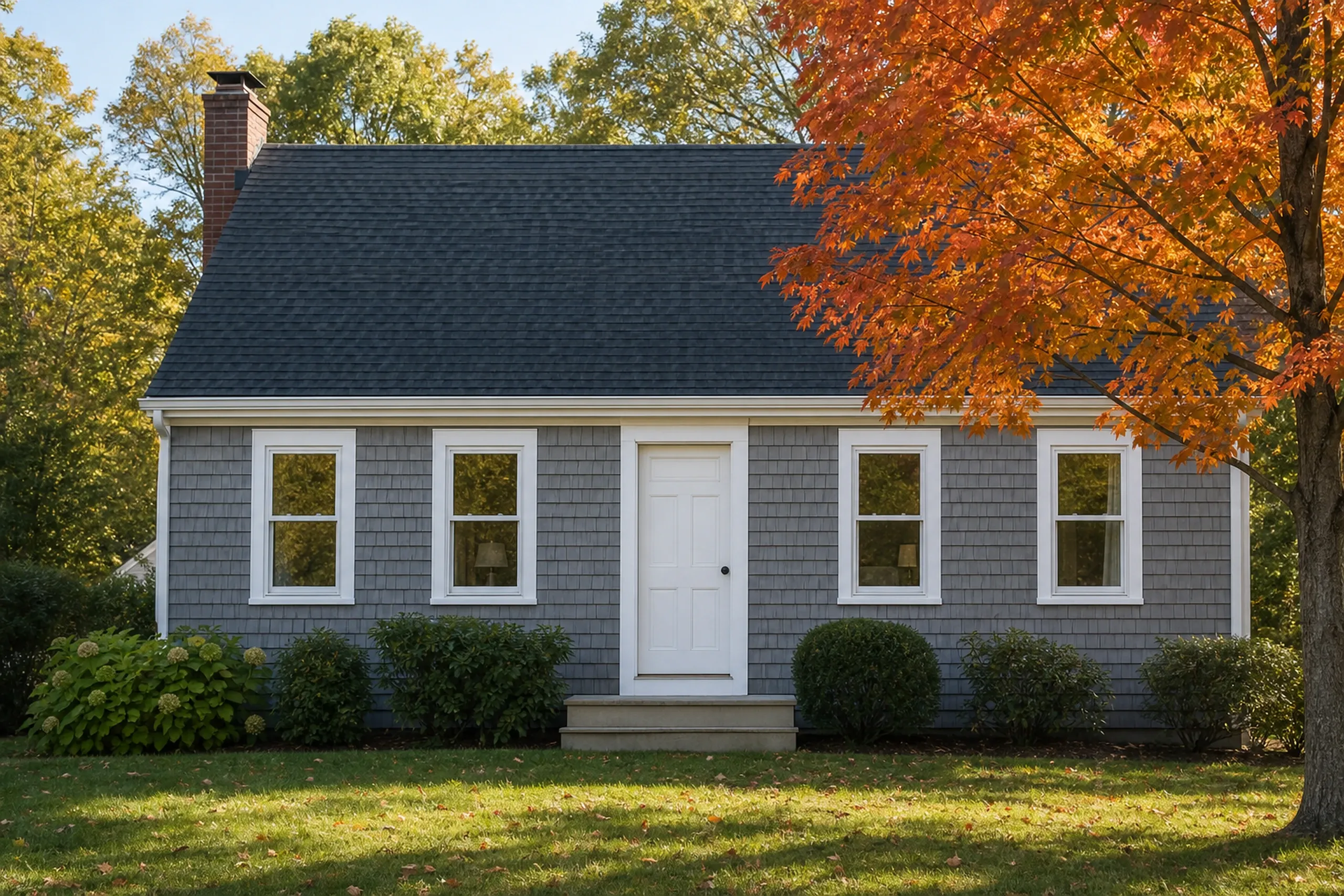 Window replacement in Rockland: gray shingled Cape with a dark roof, brick chimney, white door and four white windows, beside a maple with orange leaves in autumn