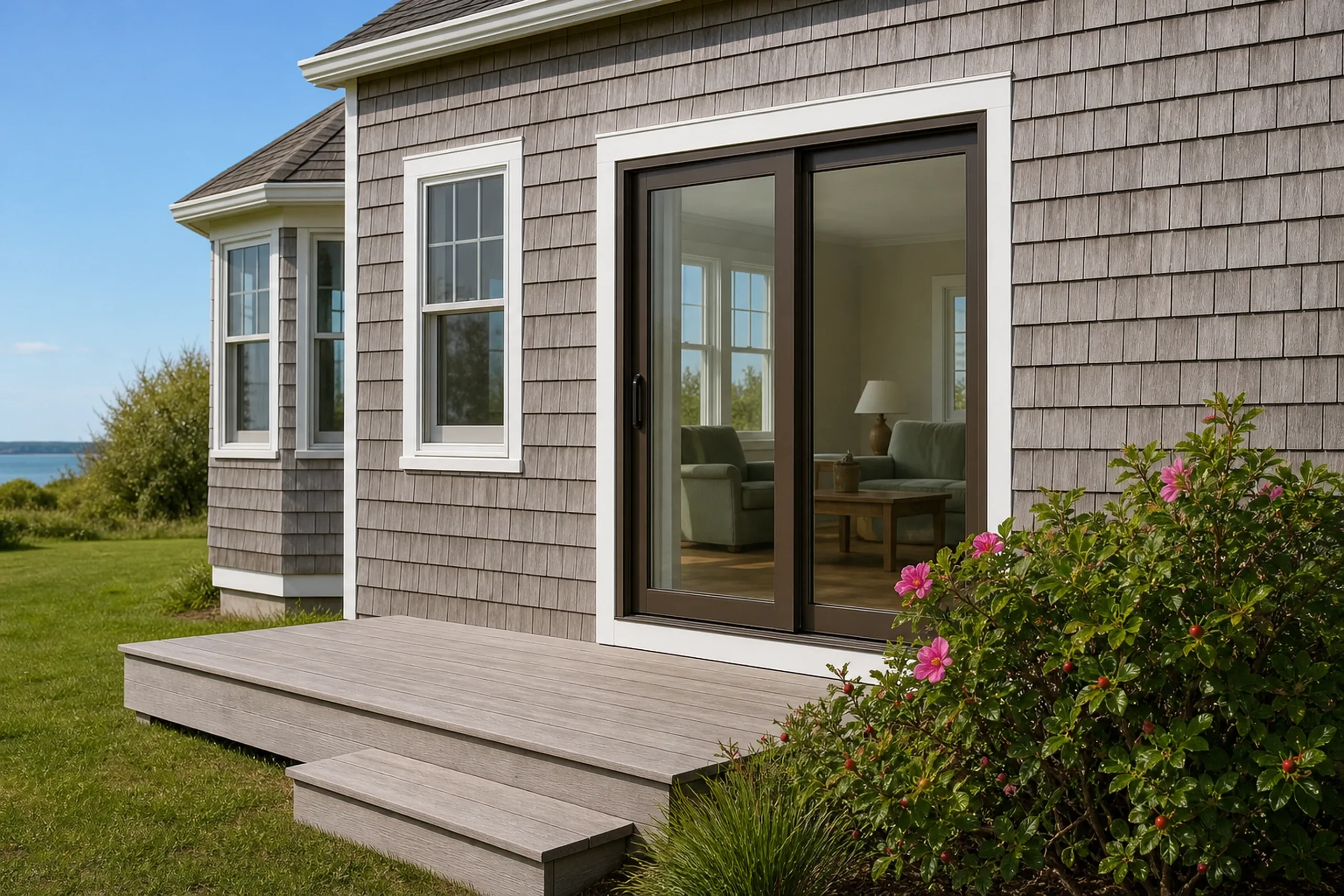 Patio door replacement: dark bronze sliding patio door in white trim on a gray cedar-shingled house, with a low gray deck, pink roses and water in the distance