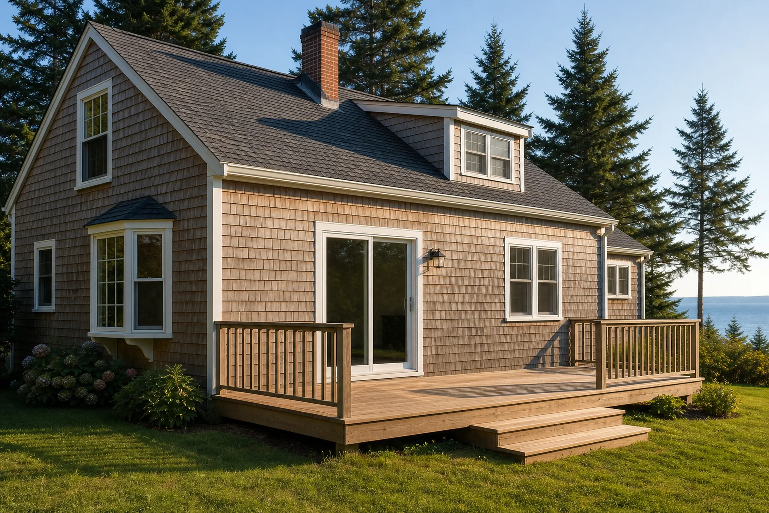 Patio door replacement: brown cedar-shingled Cape with a dormer, a bay window and a white sliding door onto a railed wood deck, with spruce trees and water behind