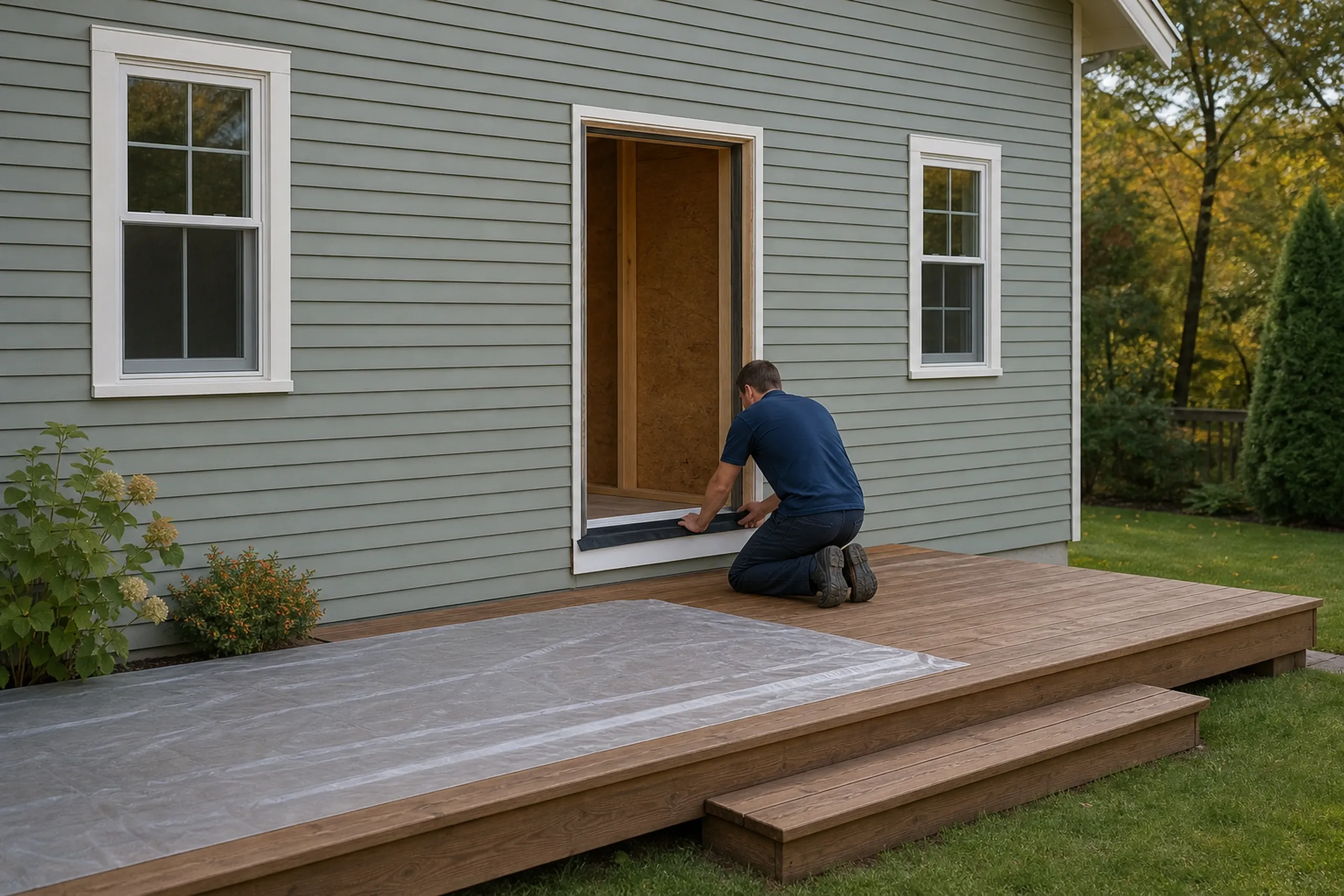 Patio door replacement: A man in a navy shirt kneeling on a wood deck, pressing black flashing onto the sill of an empty door opening, plastic sheeting beside him