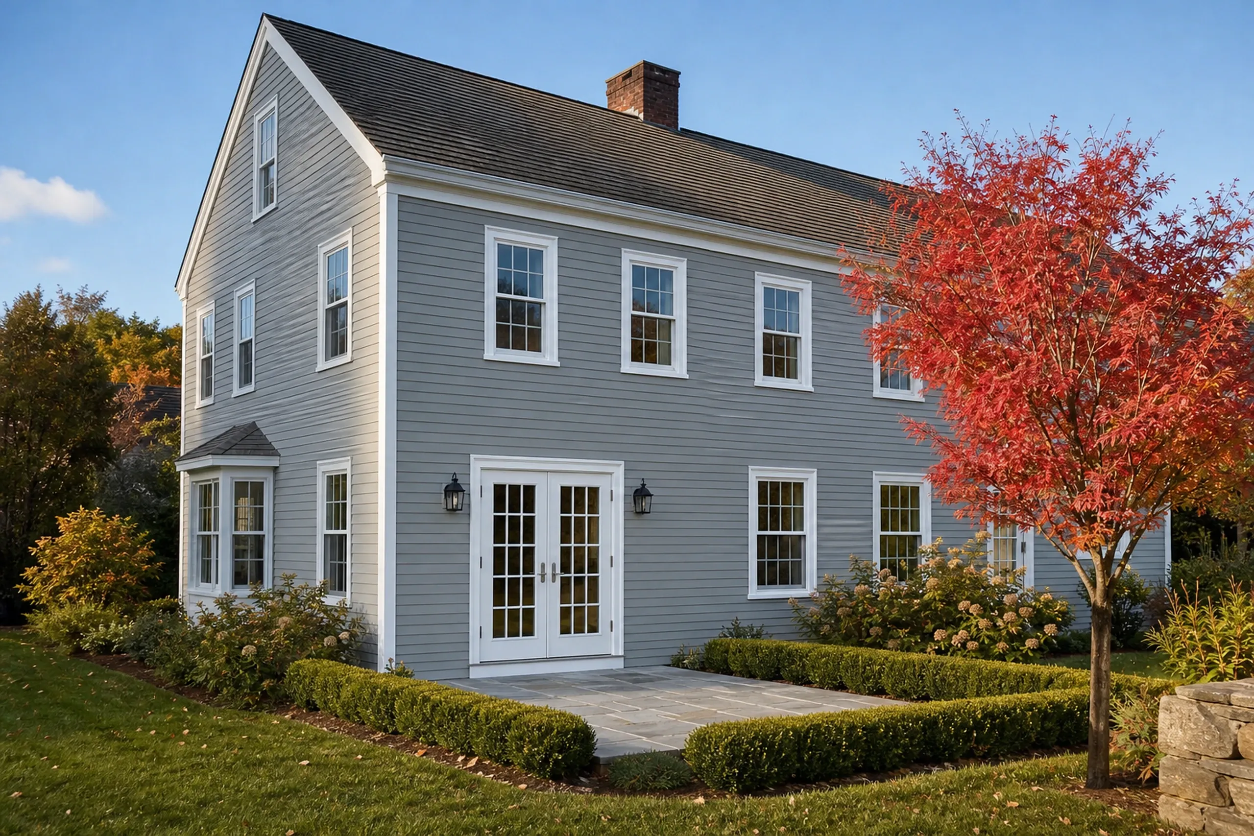 Patio door replacement: gray clapboard colonial with white French doors opening to a stone patio, white windows, a boxwood hedge and a red-leaved tree in autumn