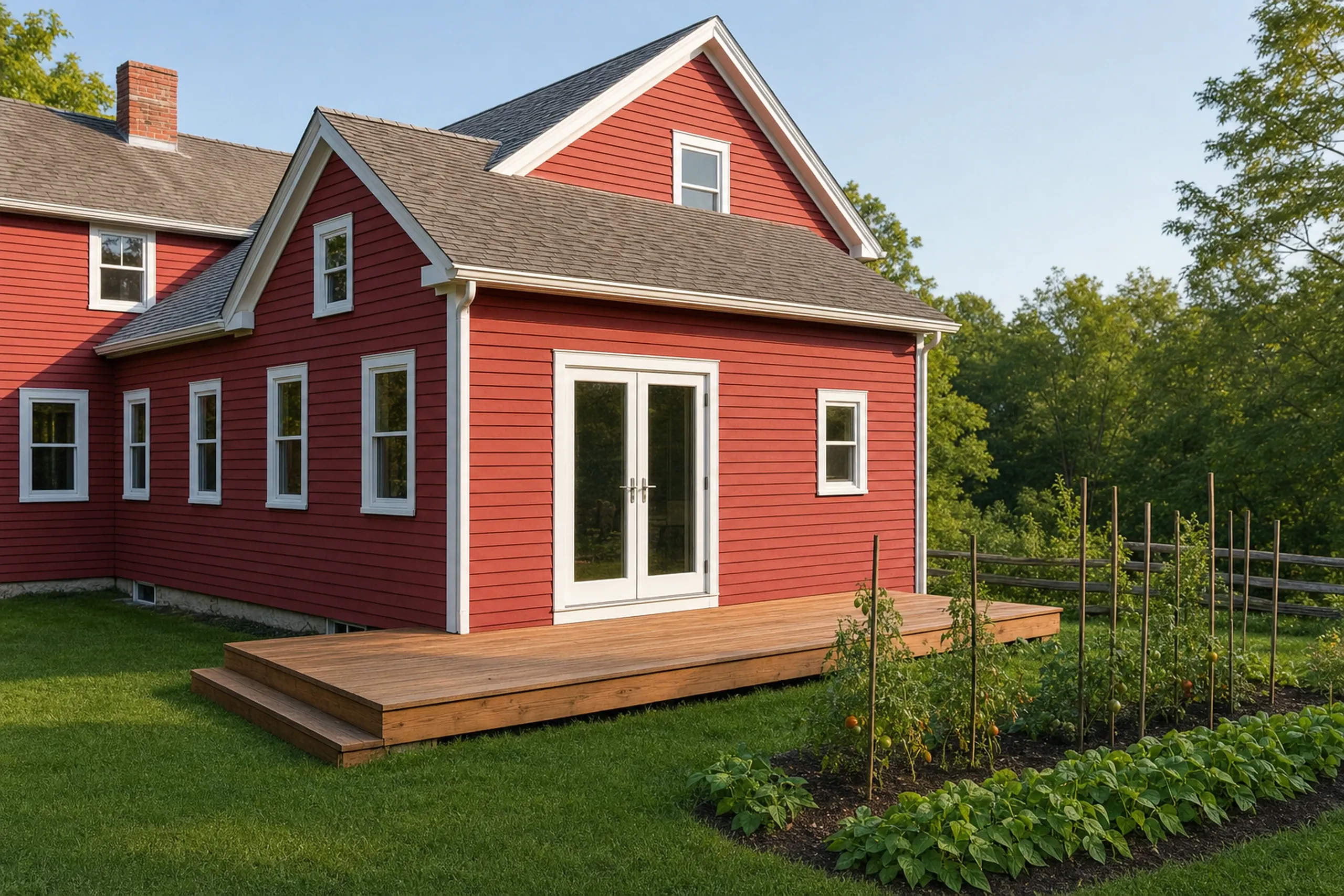 Patio door replacement: red clapboard farmhouse addition with white French doors onto a wood deck, and a staked tomato and bean garden beside a split-rail fence
