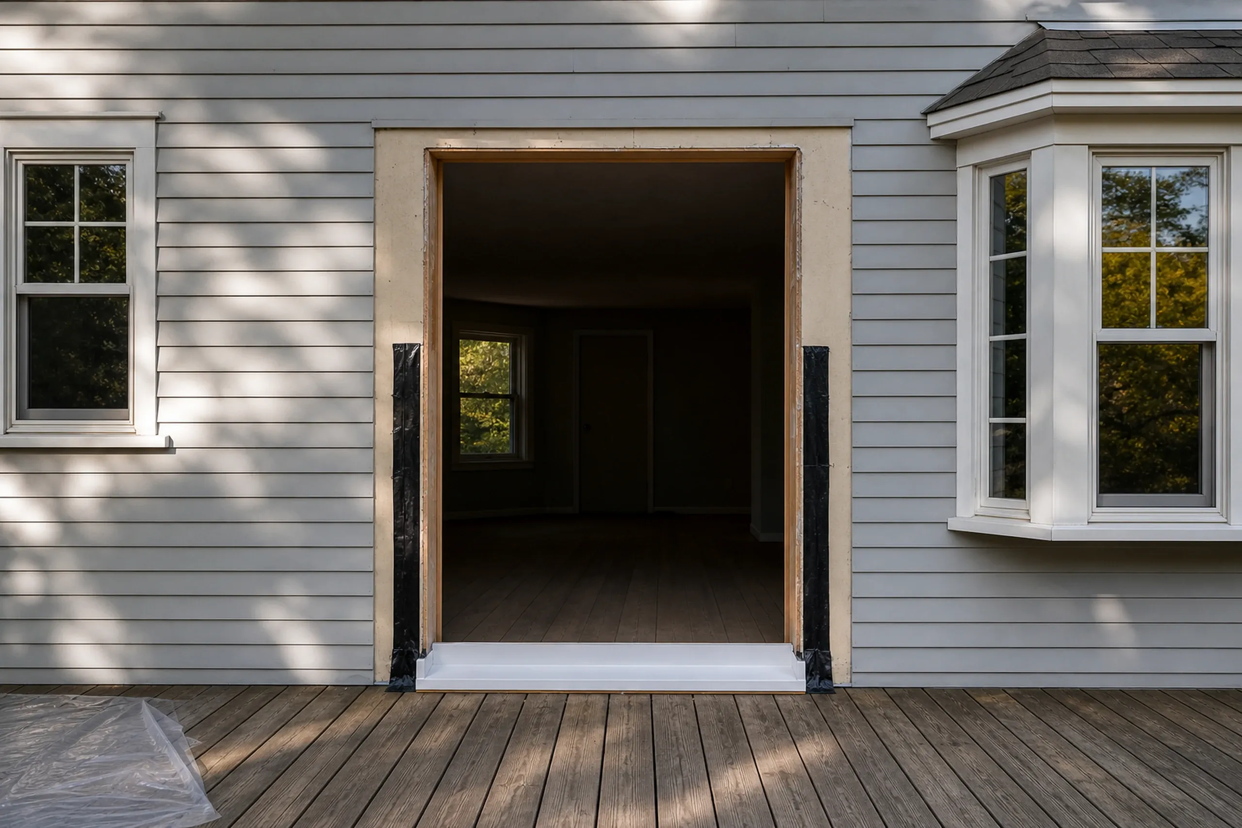 Patio door replacement: empty door opening in gray siding with black flashing on both sides and a white sill pan, a bay window at right, plastic sheeting below