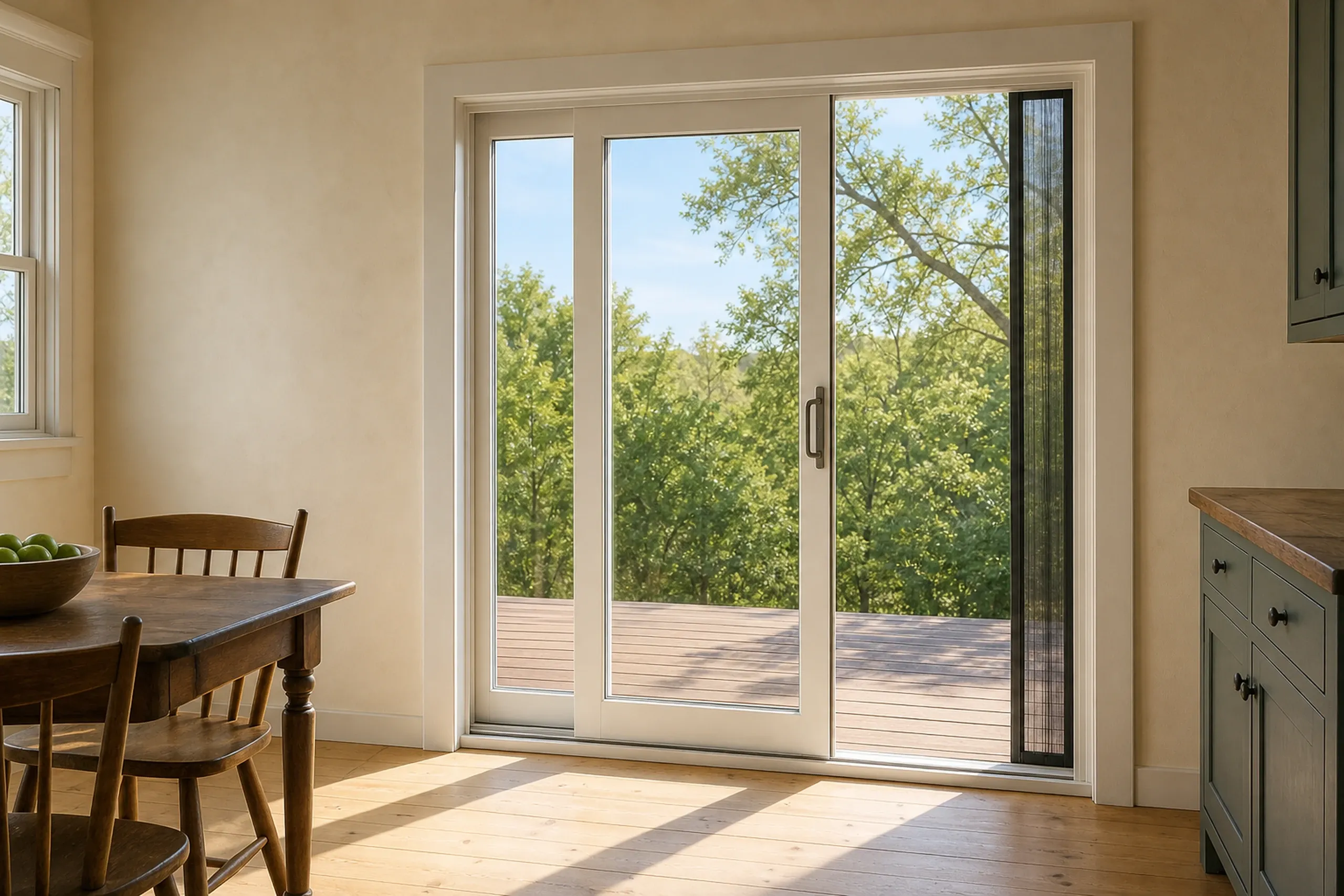 Patio door replacement: white sliding glass door with a screen panel seen from inside, looking onto a deck and trees, beside a wooden table and green fruit