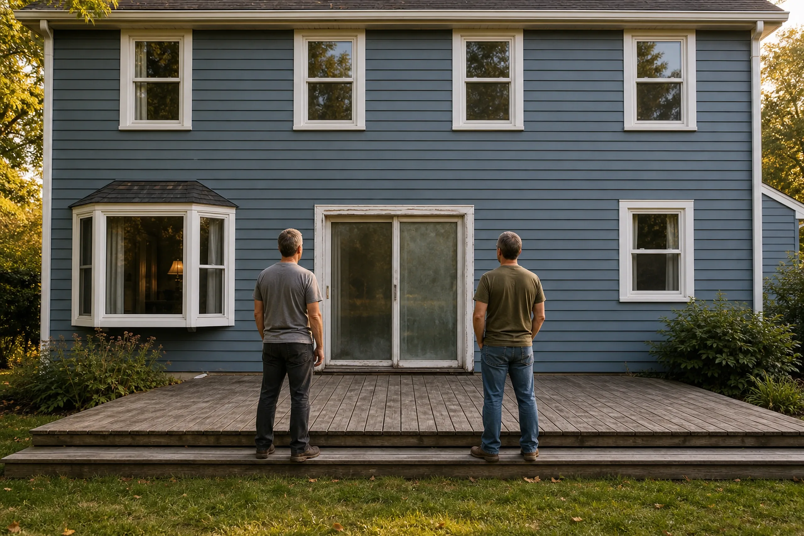 Patio door replacement first visit: two men seen from behind on a weathered deck facing a blue clapboard house with a worn sliding door, a bay window and white windows