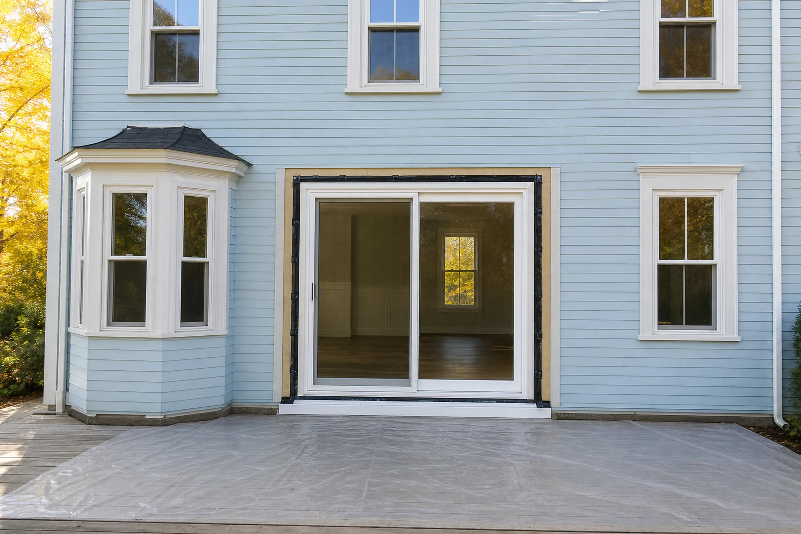 Patio door replacement in progress: white sliding patio door outlined in black flashing tape on pale blue clapboard, a bay window beside it, plastic sheeting over the deck