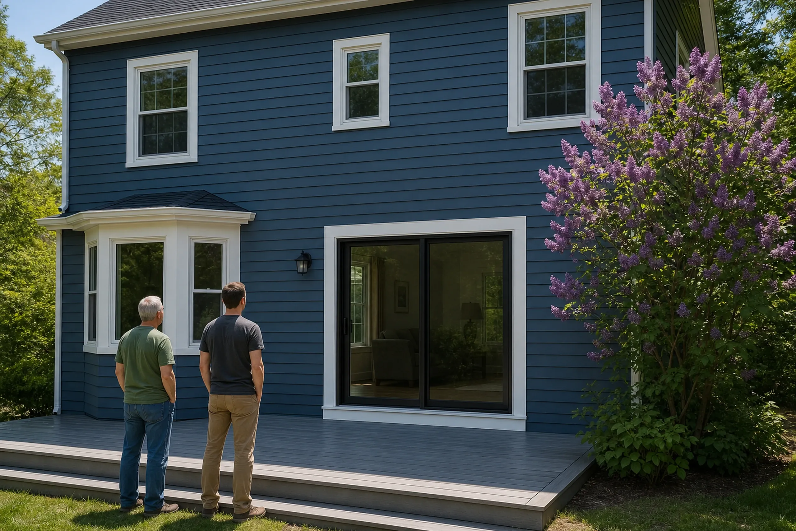 Patio door replacement final walkthrough: two men seen from behind on a gray deck facing a navy clapboard house with a black sliding door and a blooming lilac bush at the right